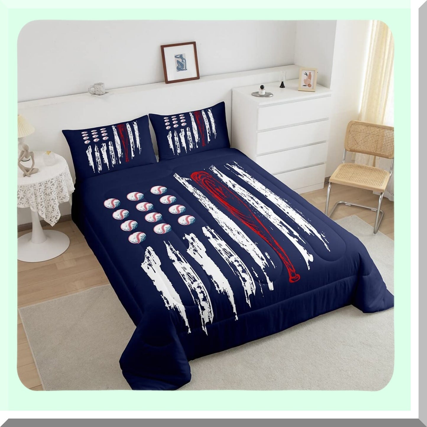 Vintage Football Flag Duvet Set - Cartoon Baseball & Watercolor Stripes Comforter for Boys Twin Size Bedding. Navy & White Decor for Kids, Teens, Adults.