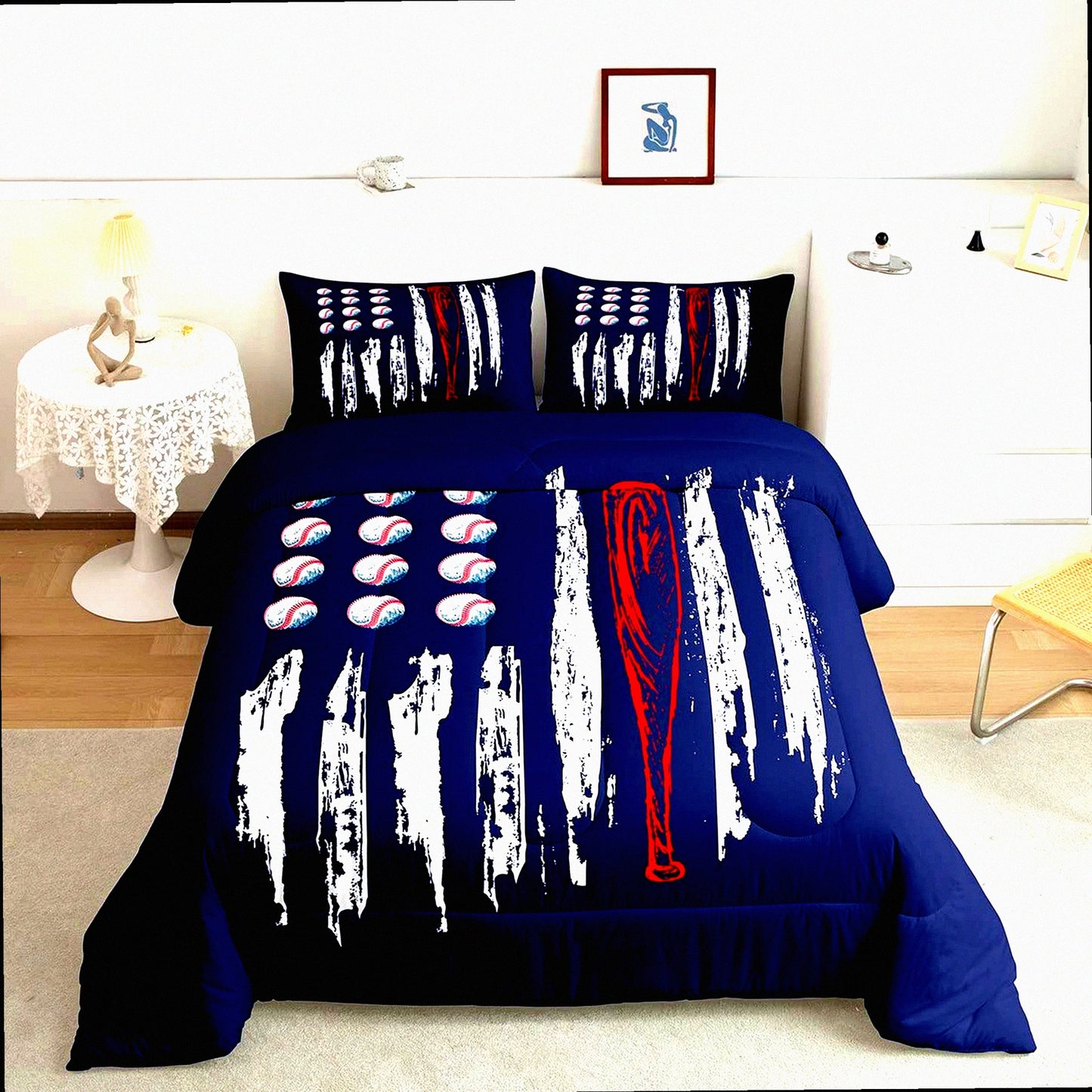 Vintage Football Flag Duvet Set - Cartoon Baseball & Watercolor Stripes Comforter for Boys Twin Size Bedding. Navy & White Decor for Kids, Teens, Adults.