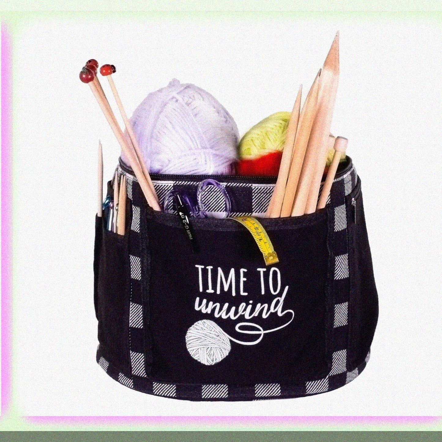 Black Gingham Yarn Tote with Divider and Pockets