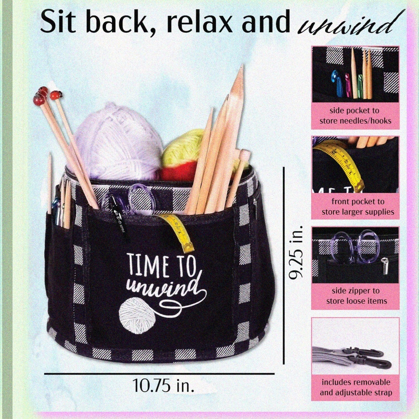 Black Gingham Yarn Tote with Divider and Pockets