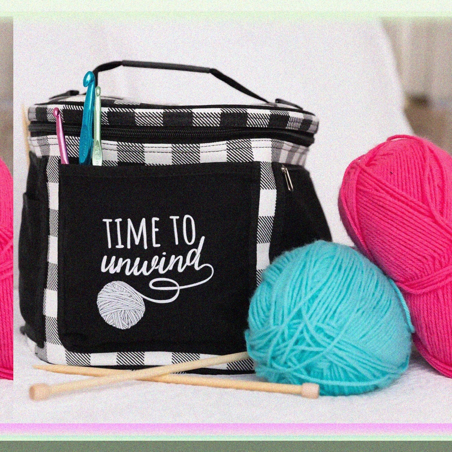 Black Gingham Yarn Tote with Divider and Pockets