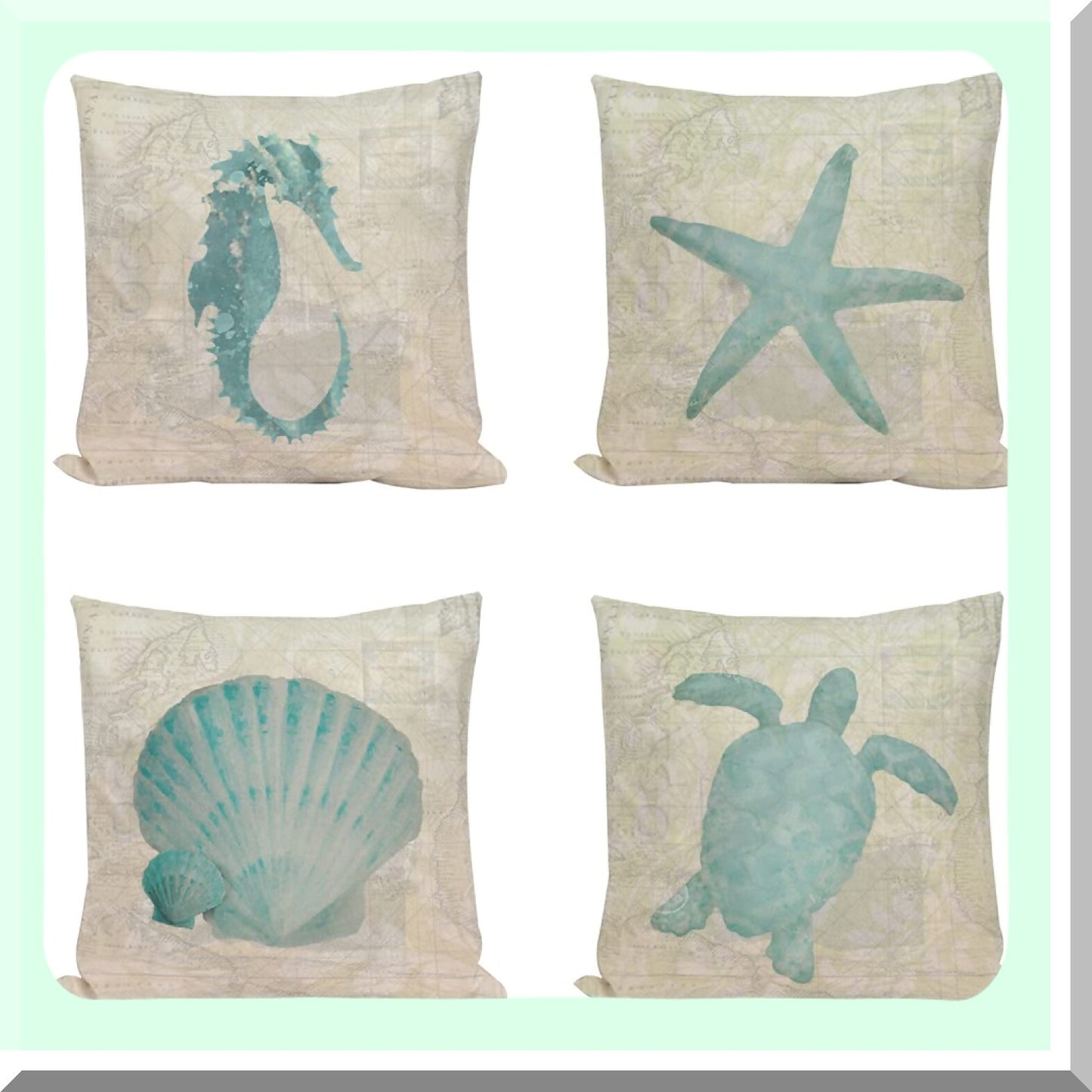 Nautical Summer Decor Pillow Covers - Set of 4 Ocean Beach Starfish SeaTurtleSeahorse Scallop Shell WorldMap Throw Pillow Cases 18x18 - Vintage Coastal VO-Ocean