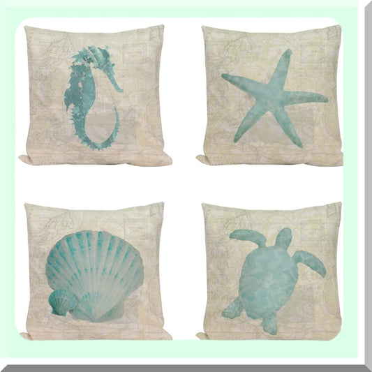 Nautical Summer Decor Pillow Covers - Set of 4 Ocean Beach Starfish SeaTurtleSeahorse Scallop Shell WorldMap Throw Pillow Cases 18x18 - Vintage Coastal VO-Ocean