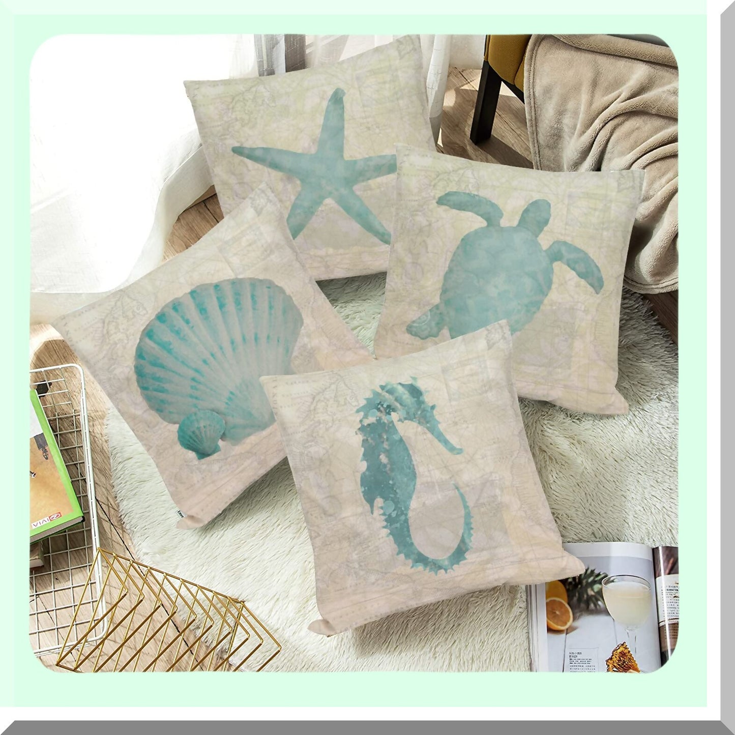 Nautical Summer Decor Pillow Covers - Set of 4 Ocean Beach Starfish SeaTurtleSeahorse Scallop Shell WorldMap Throw Pillow Cases 18x18 - Vintage Coastal VO-Ocean