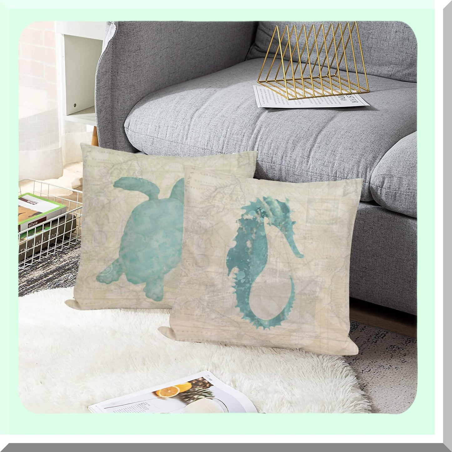 Nautical Summer Decor Pillow Covers - Set of 4 Ocean Beach Starfish SeaTurtleSeahorse Scallop Shell WorldMap Throw Pillow Cases 18x18 - Vintage Coastal VO-Ocean