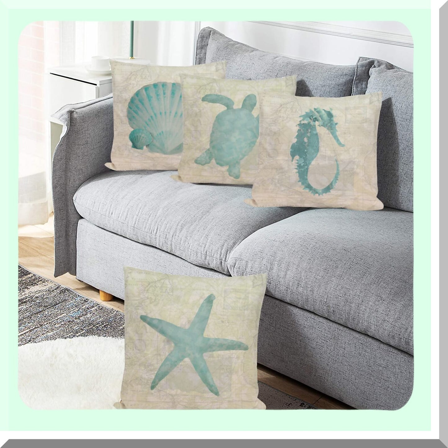 Nautical Summer Decor Pillow Covers - Set of 4 Ocean Beach Starfish SeaTurtleSeahorse Scallop Shell WorldMap Throw Pillow Cases 18x18 - Vintage Coastal VO-Ocean