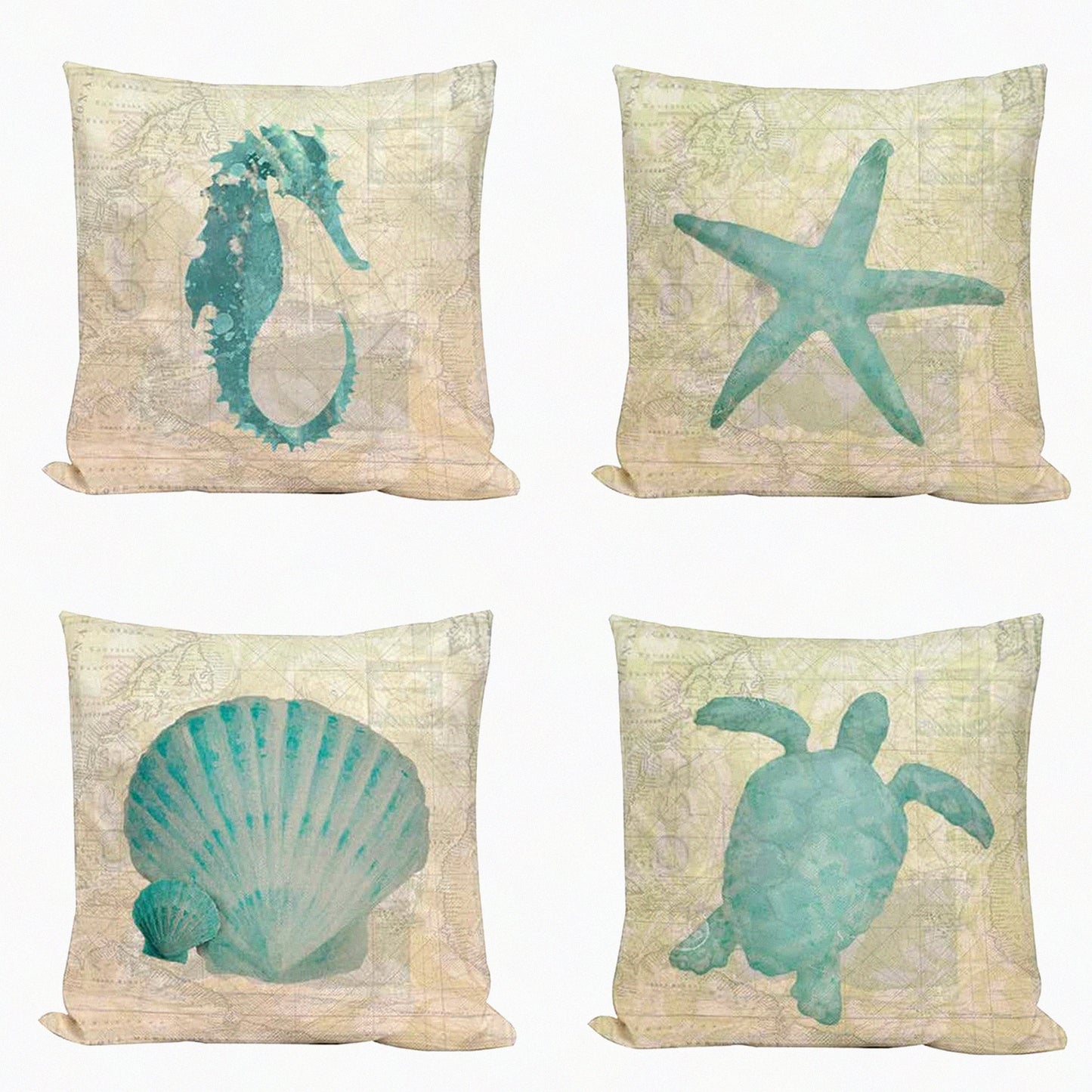Nautical Summer Decor Pillow Covers - Set of 4 Ocean Beach Starfish SeaTurtleSeahorse Scallop Shell WorldMap Throw Pillow Cases 18x18 - Vintage Coastal VO-Ocean