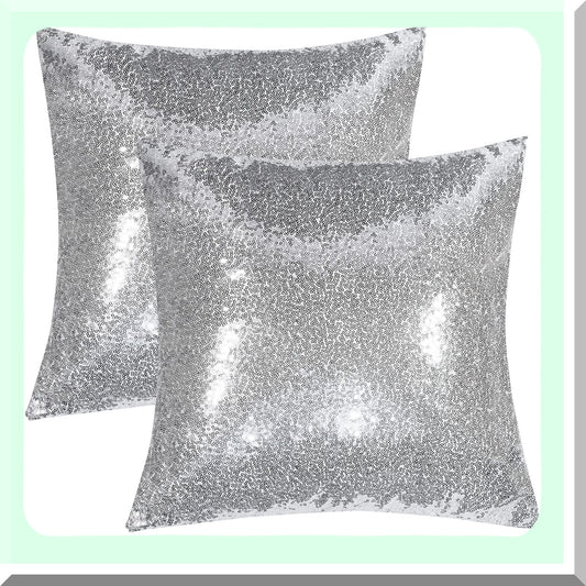 Glitter Sequins Square Throw Pillow Covers - Wedding Party Cushion Case Set, Silver Sparkle Decor for Home, 18"x18" (45cmx45cm), Pack of 2