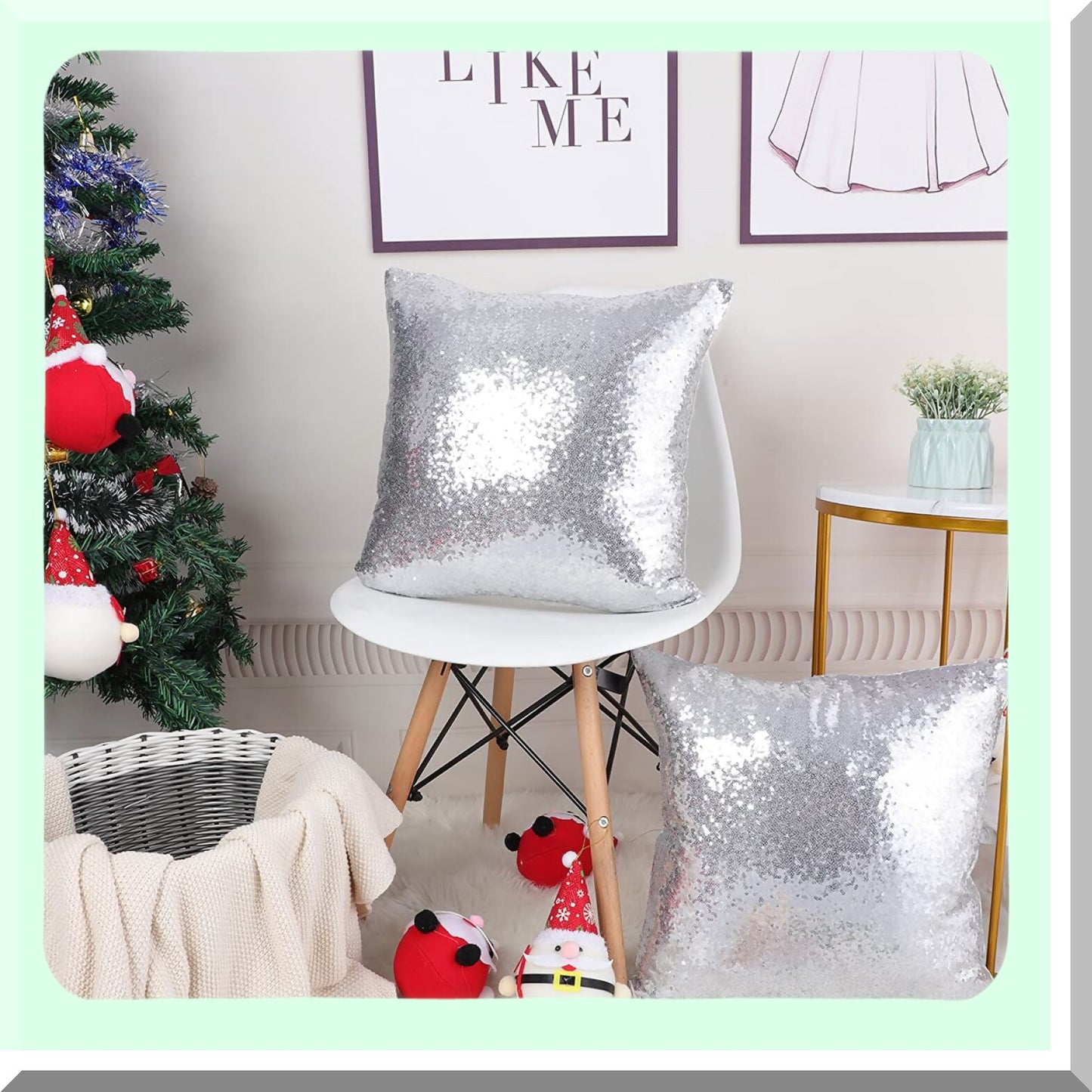 Glitter Sequins Square Throw Pillow Covers - Wedding Party Cushion Case Set, Silver Sparkle Decor for Home, 18"x18" (45cmx45cm), Pack of 2