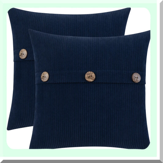 Chenille Navy Blue Throw Pillow Covers - Soft Farmhouse Cushions with Triple Buttons - Set of 2 - 18x18 Inch for Couch Sofa Bed Living Room