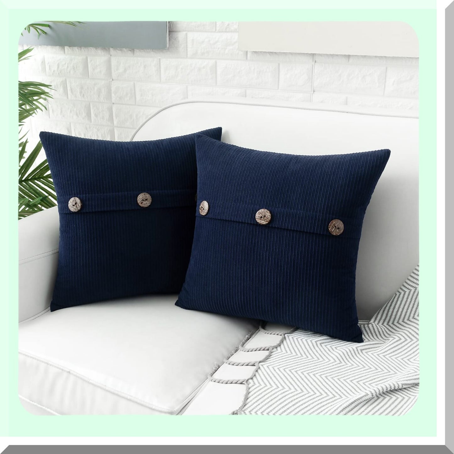Chenille Navy Blue Throw Pillow Covers - Soft Farmhouse Cushions with Triple Buttons - Set of 2 - 18x18 Inch for Couch Sofa Bed Living Room