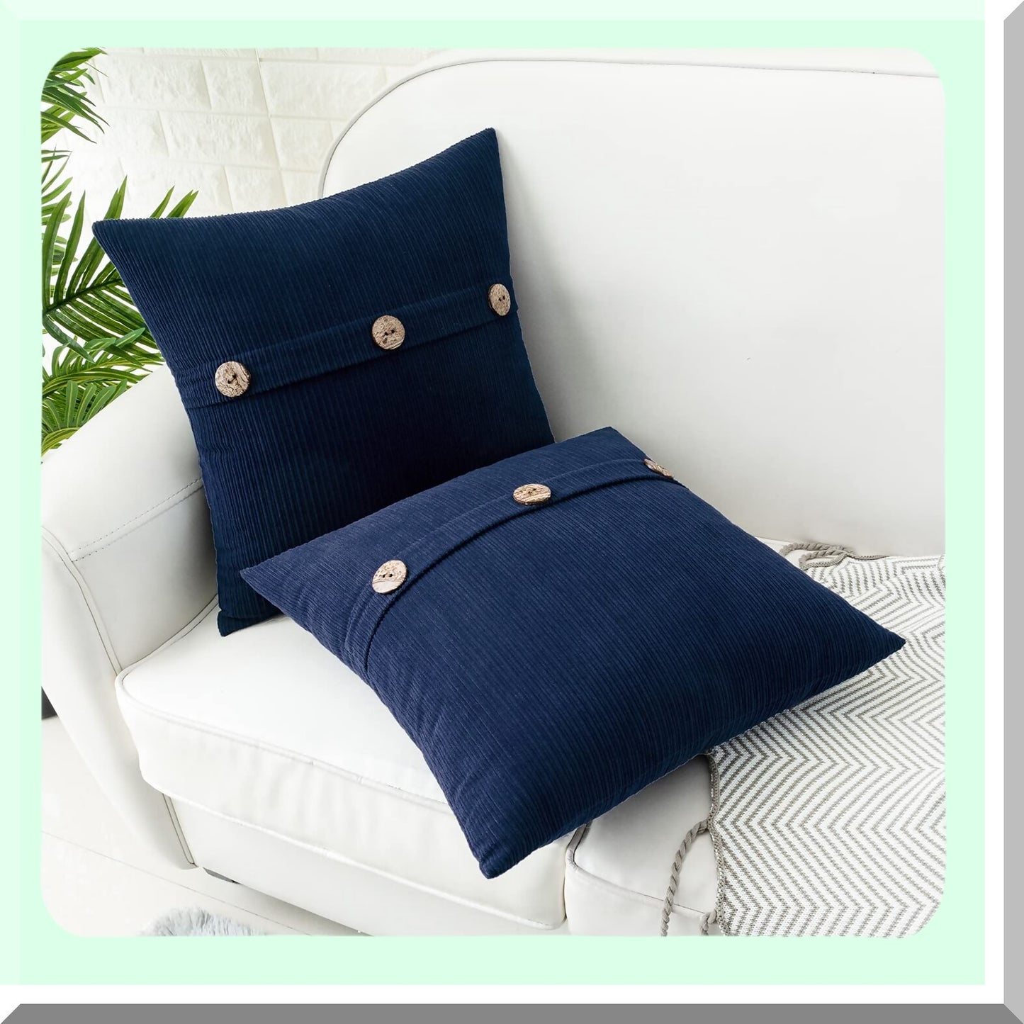 Chenille Navy Blue Throw Pillow Covers - Soft Farmhouse Cushions with Triple Buttons - Set of 2 - 18x18 Inch for Couch Sofa Bed Living Room