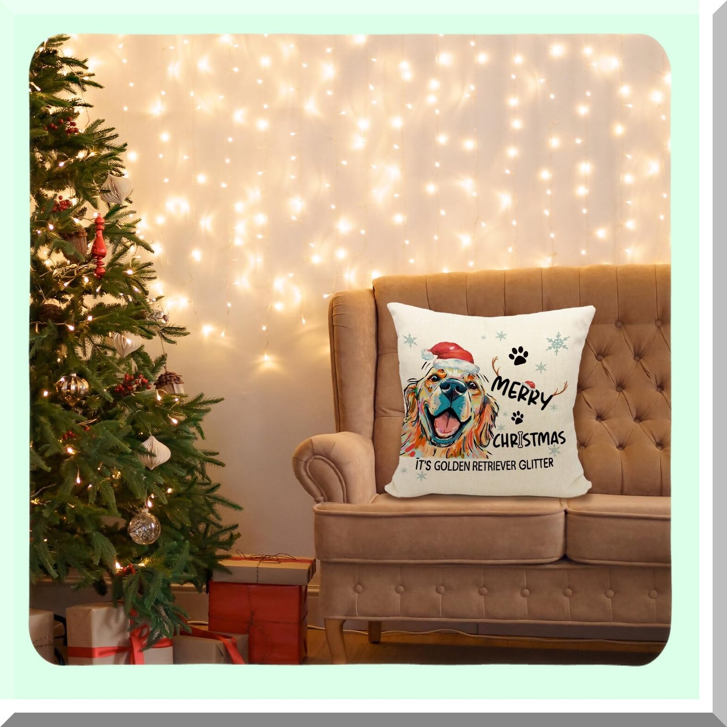 Golden Glitter Retriever Pillow Covers - 18x18 Decorations & Gifts - Merry Throw Pillow Covers for Golden Retriever Lovers - Sparkling Home Decor