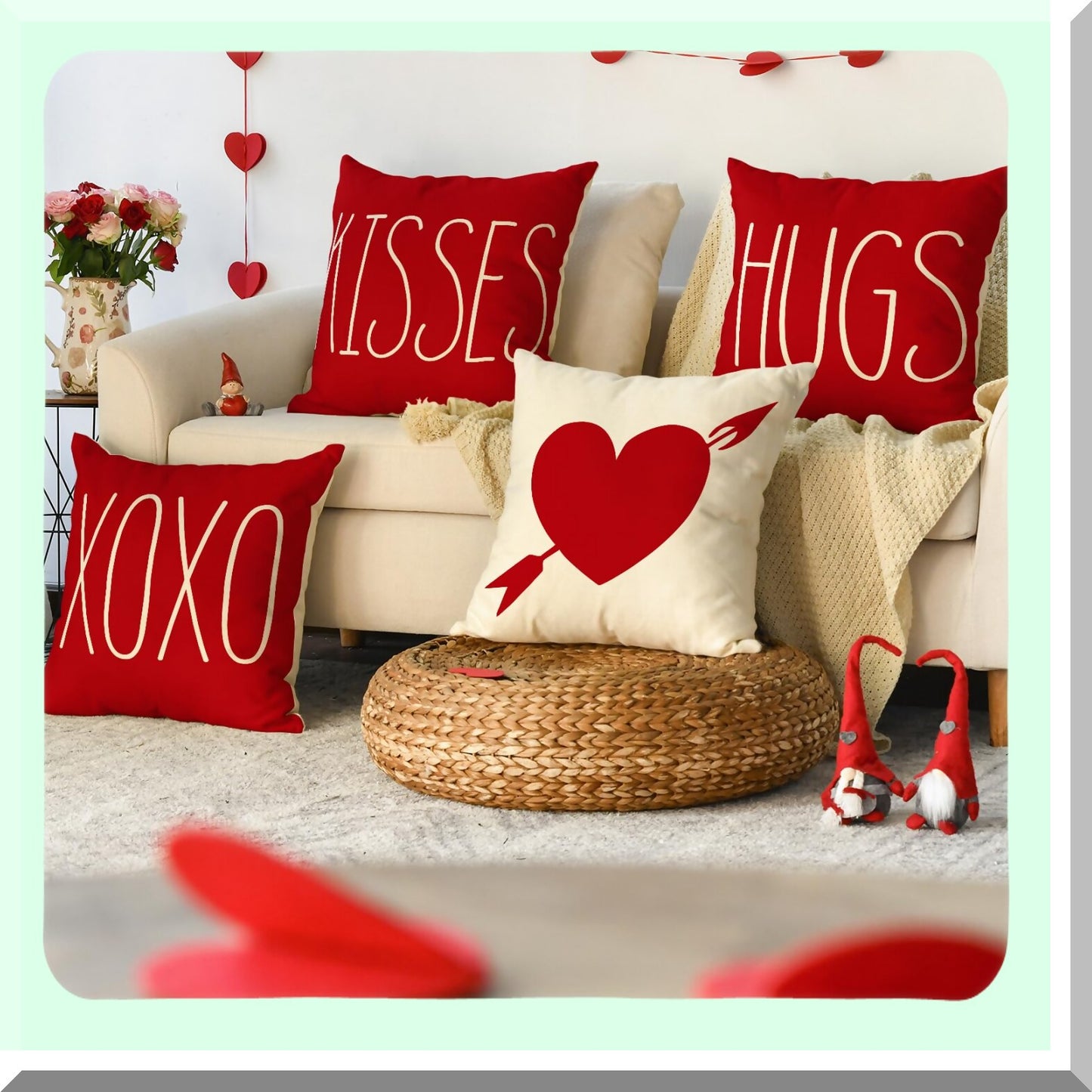 Love Kisses Hugs XOXO Heart Arrow Throw Pillow Set - 20x20 Inch Holiday Anniversary Wedding Cushion Cover for Sofa Couch - Set of 4