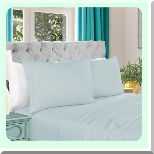 Luxury Cotton 1000 Thread Count Deep Pocket Sheet Set - California Baby Blue - Includes Fitted Sheet, Flat Sheet, Pillowcases - Bedding Essentials