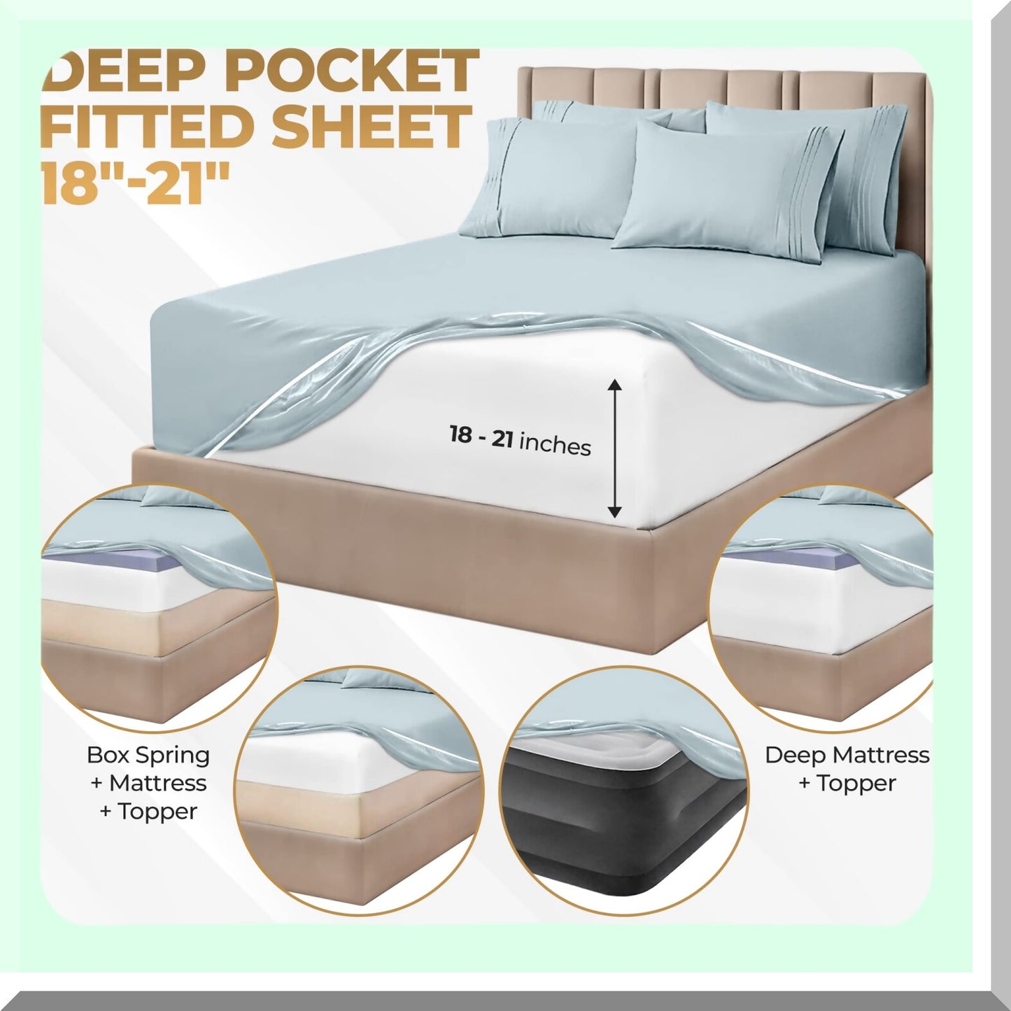 Luxury Cotton 1000 Thread Count Deep Pocket Sheet Set - California Baby Blue - Includes Fitted Sheet, Flat Sheet, Pillowcases - Bedding Essentials