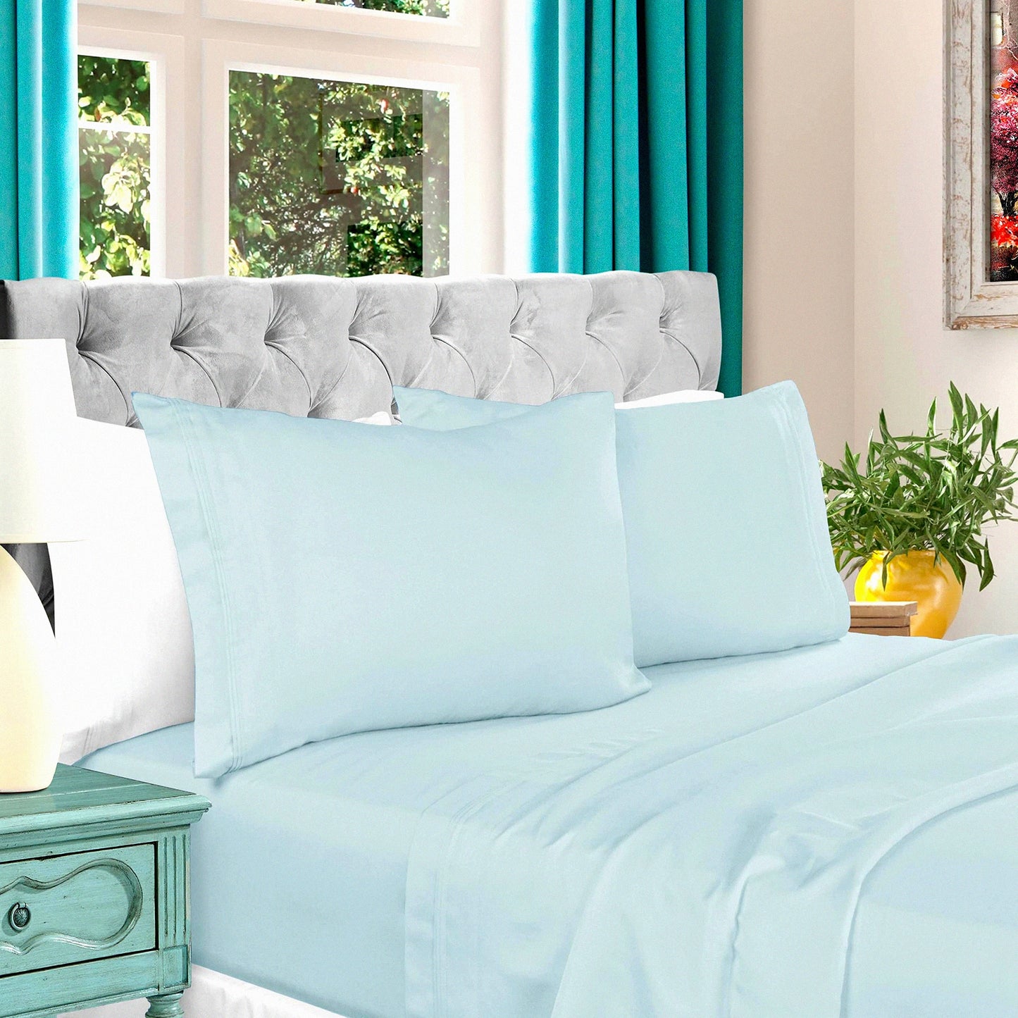 Luxury Cotton 1000 Thread Count Deep Pocket Sheet Set - California Baby Blue - Includes Fitted Sheet, Flat Sheet, Pillowcases - Bedding Essentials