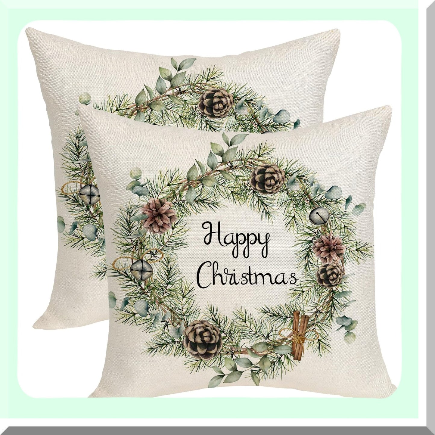 Winter Pine Eucalyptus Pillow Covers - Set of 2 Farmhouse Linen Cushion Cases 18x18 - Throw Pillow Decoration for Sofa Couch - Leaf Garland Design