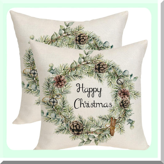 Winter Pine Eucalyptus Pillow Covers - Set of 2 Farmhouse Linen Cushion Cases 18x18 - Throw Pillow Decoration for Sofa Couch - Leaf Garland Design
