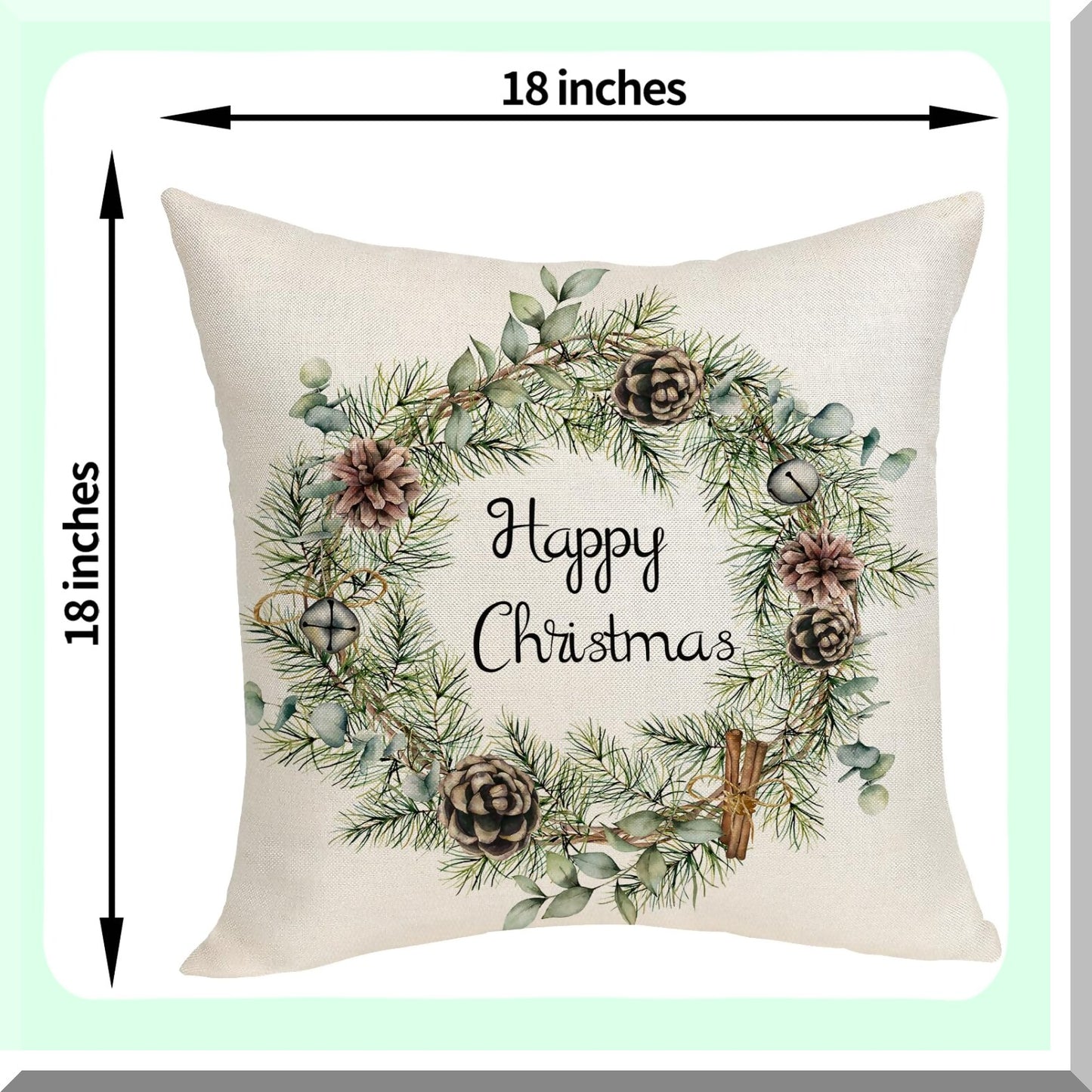 Winter Pine Eucalyptus Pillow Covers - Set of 2 Farmhouse Linen Cushion Cases 18x18 - Throw Pillow Decoration for Sofa Couch - Leaf Garland Design