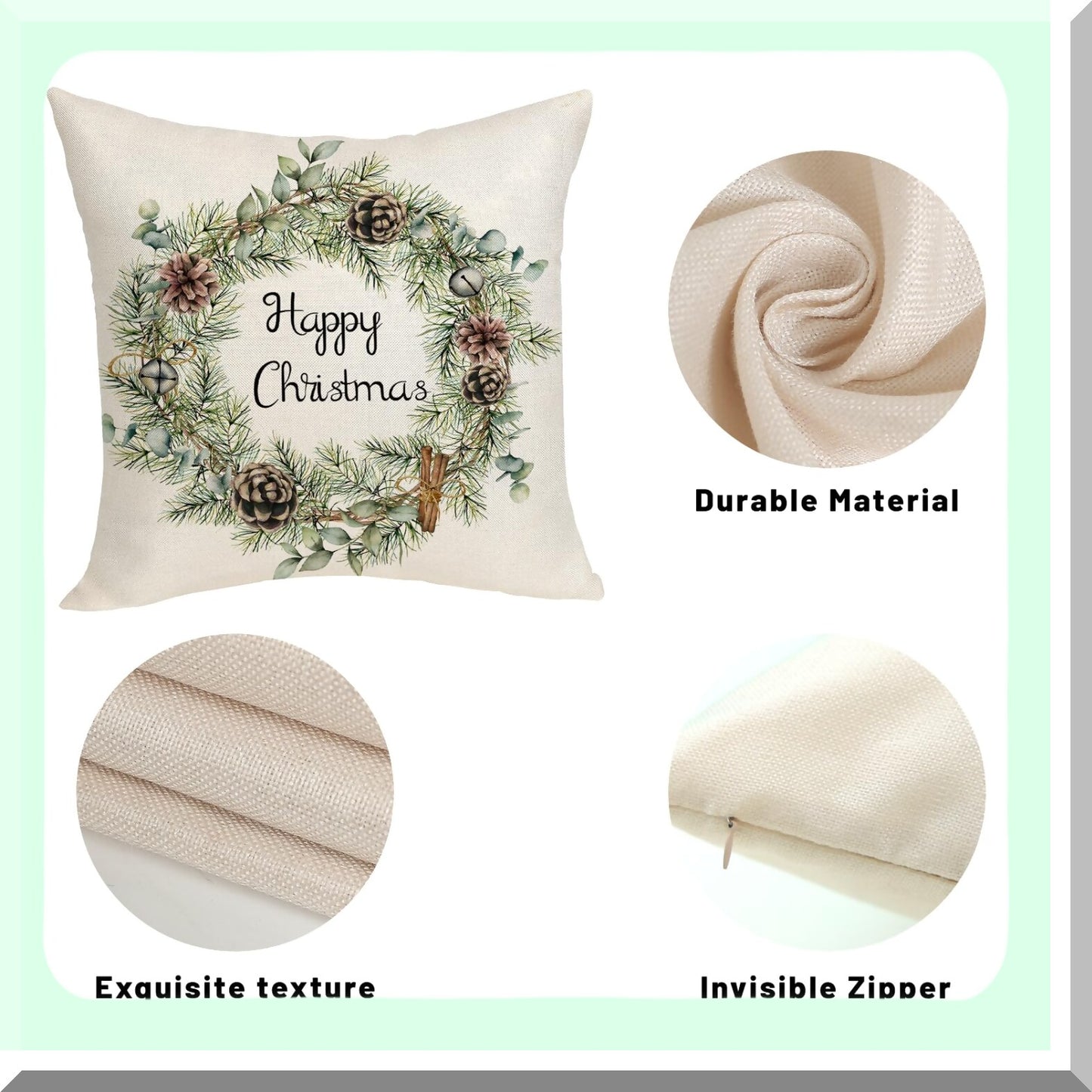 Winter Pine Eucalyptus Pillow Covers - Set of 2 Farmhouse Linen Cushion Cases 18x18 - Throw Pillow Decoration for Sofa Couch - Leaf Garland Design