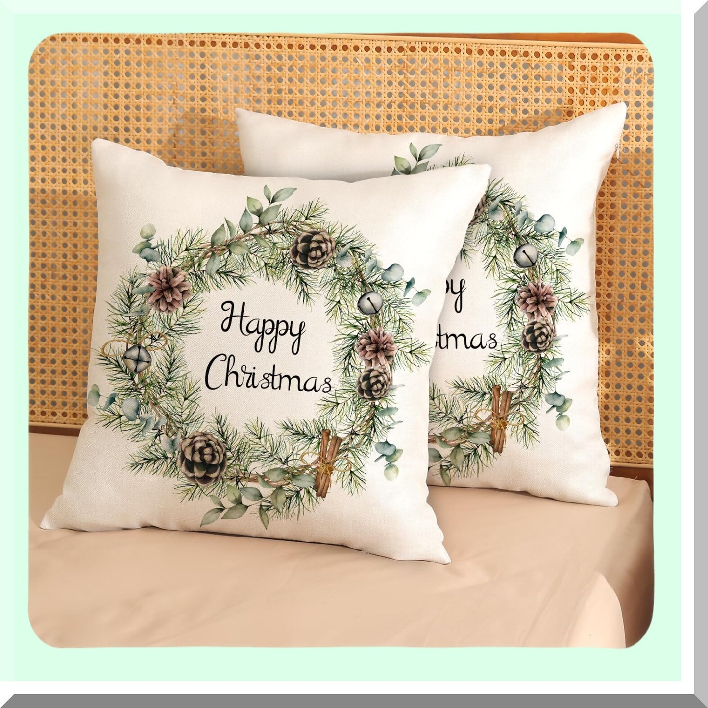 Winter Pine Eucalyptus Pillow Covers - Set of 2 Farmhouse Linen Cushion Cases 18x18 - Throw Pillow Decoration for Sofa Couch - Leaf Garland Design