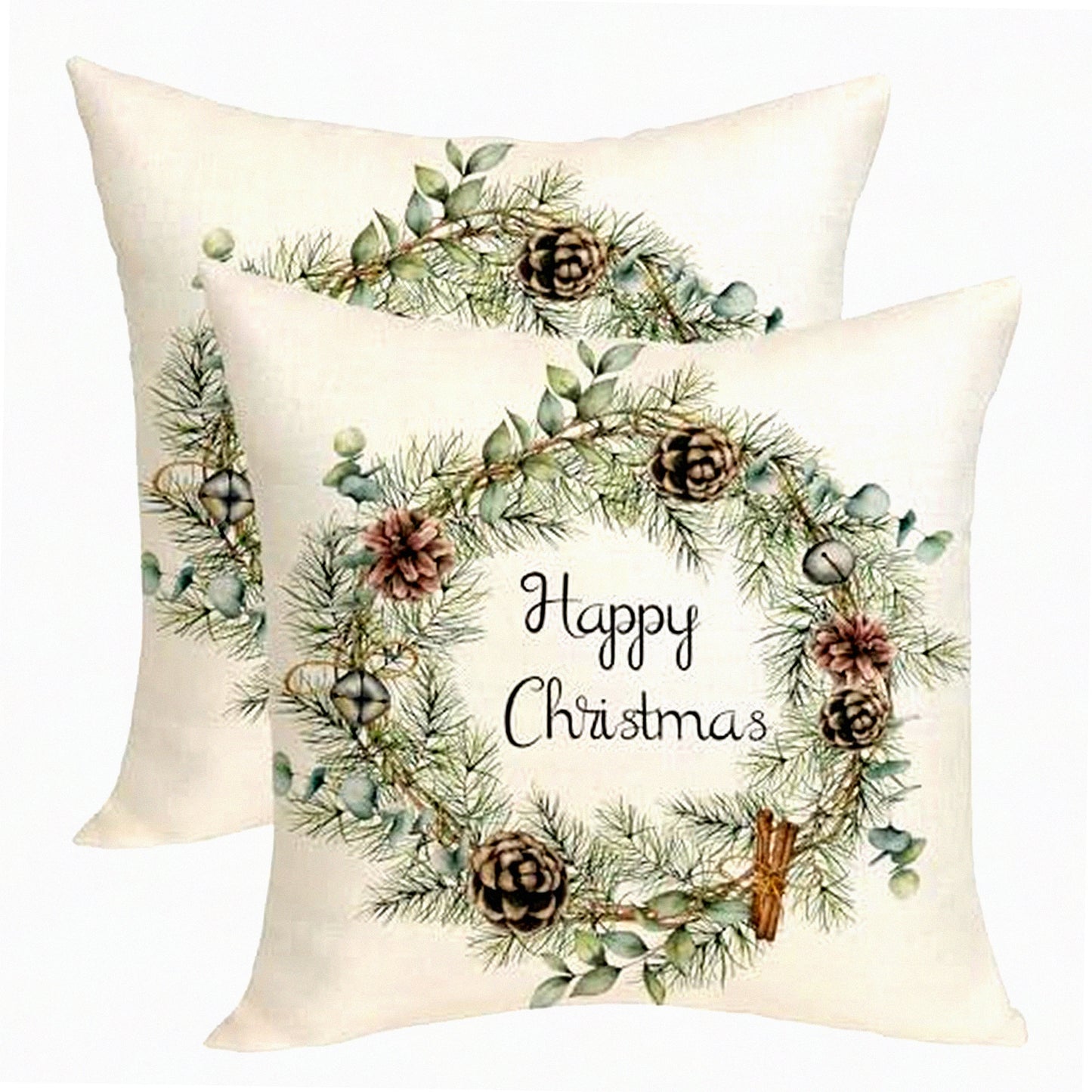 Winter Pine Eucalyptus Pillow Covers - Set of 2 Farmhouse Linen Cushion Cases 18x18 - Throw Pillow Decoration for Sofa Couch - Leaf Garland Design