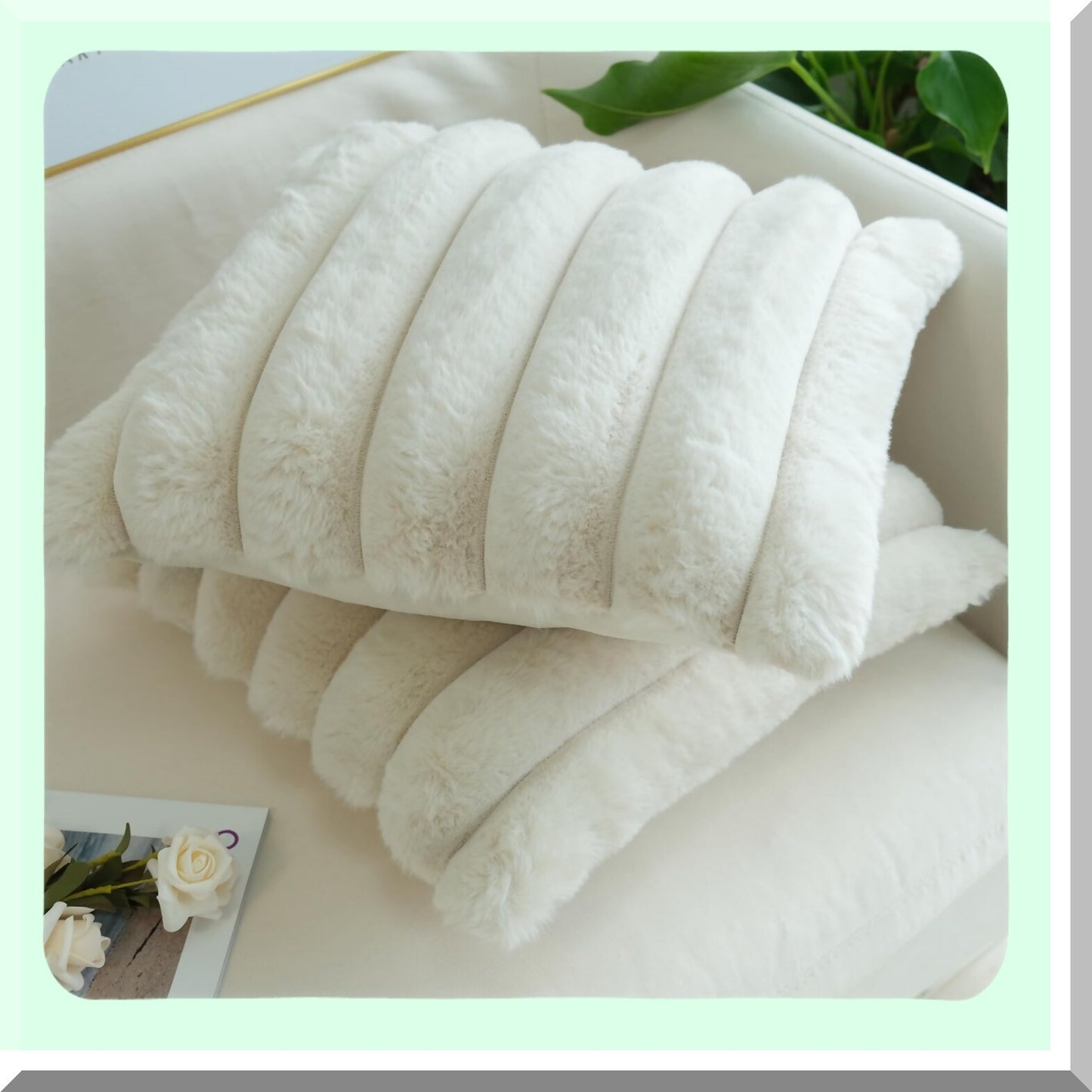 Fluffy Stripe Beige Pillowcase Set - 2 Pack Soft Decorative Cushion Covers for Couch, Plush 24x24 Inch Throw Pillow Covers