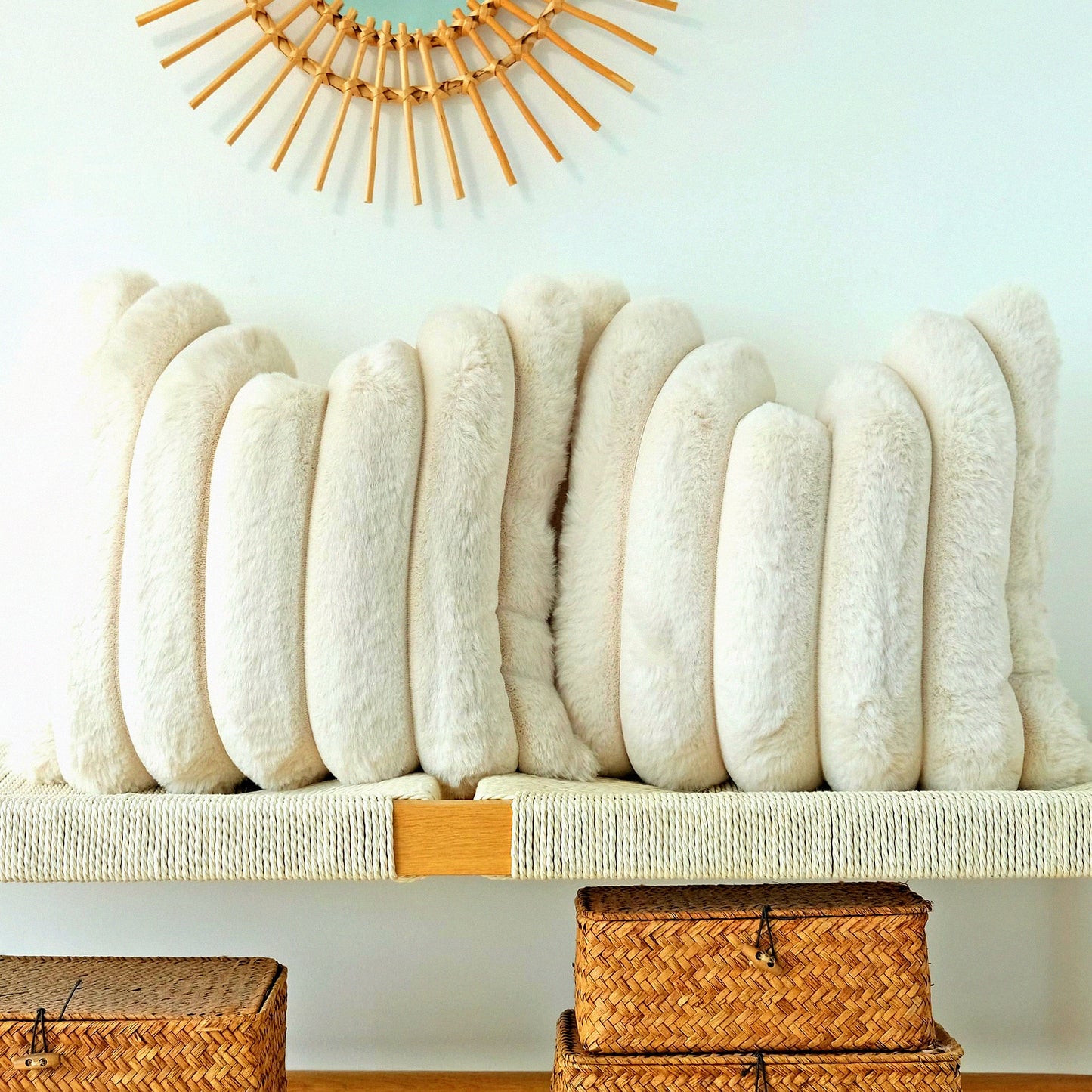 Fluffy Stripe Beige Pillowcase Set - 2 Pack Soft Decorative Cushion Covers for Couch, Plush 24x24 Inch Throw Pillow Covers