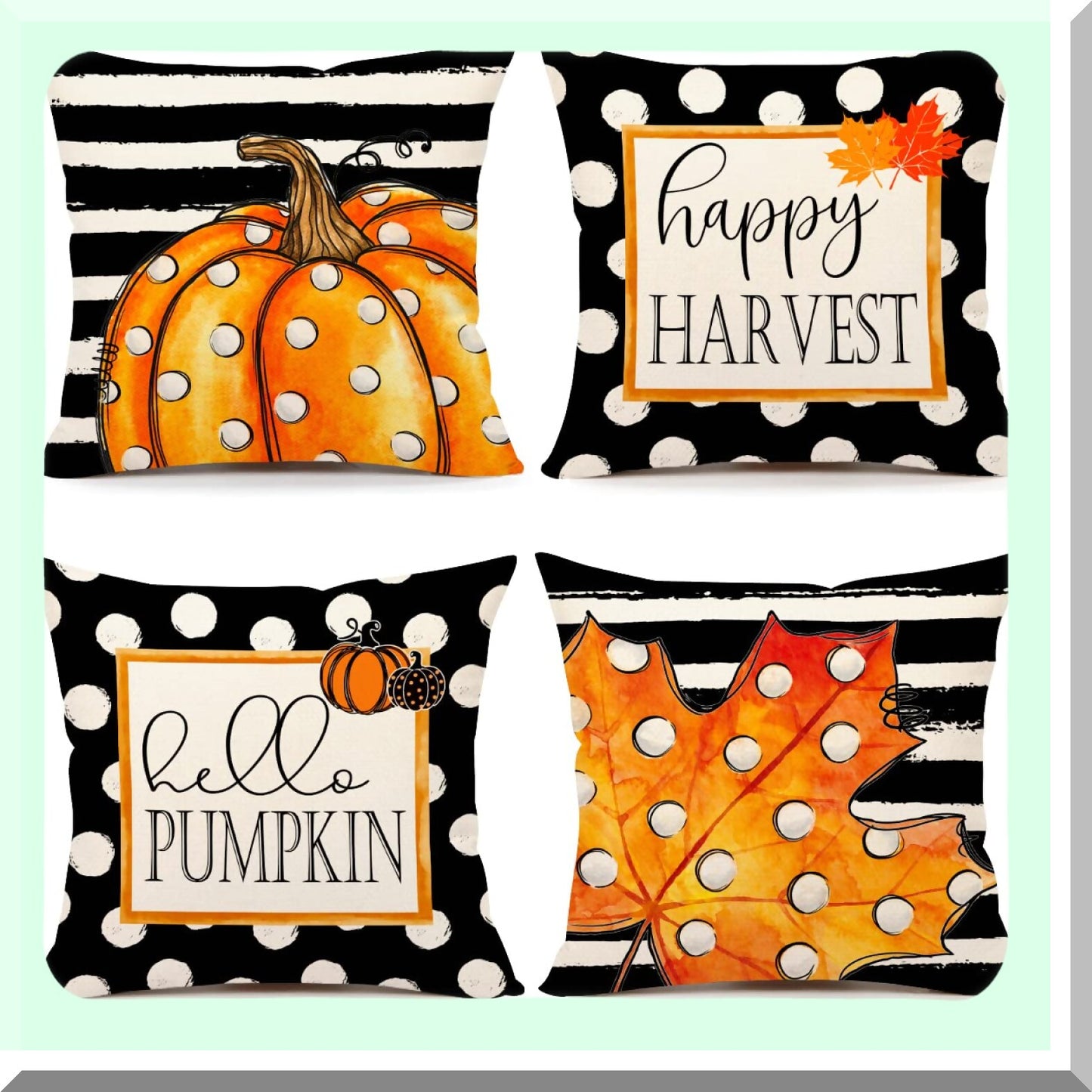 Polka Dot Pumpkin Harvest Pillow Covers - Set of 4 Farmhouse Fall Decorations - Happy Thanksgiving Throw Cushion Cases - 18x18 Home Decor Pillows