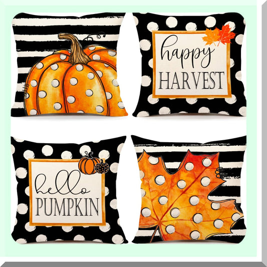 Polka Dot Pumpkin Harvest Pillow Covers - Set of 4 Farmhouse Fall Decorations - Happy Thanksgiving Throw Cushion Cases - 18x18 Home Decor Pillows