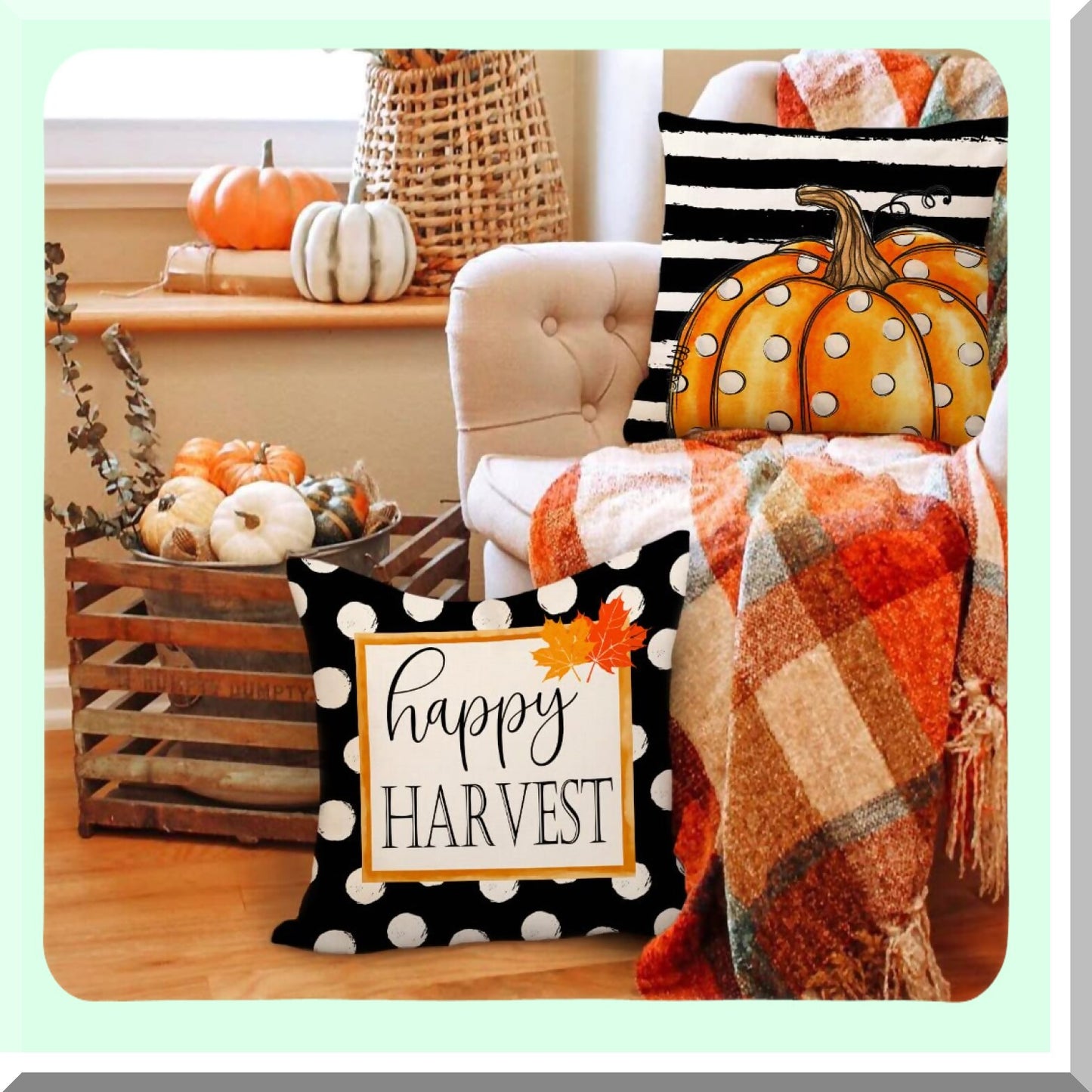 Polka Dot Pumpkin Harvest Pillow Covers - Set of 4 Farmhouse Fall Decorations - Happy Thanksgiving Throw Cushion Cases - 18x18 Home Decor Pillows