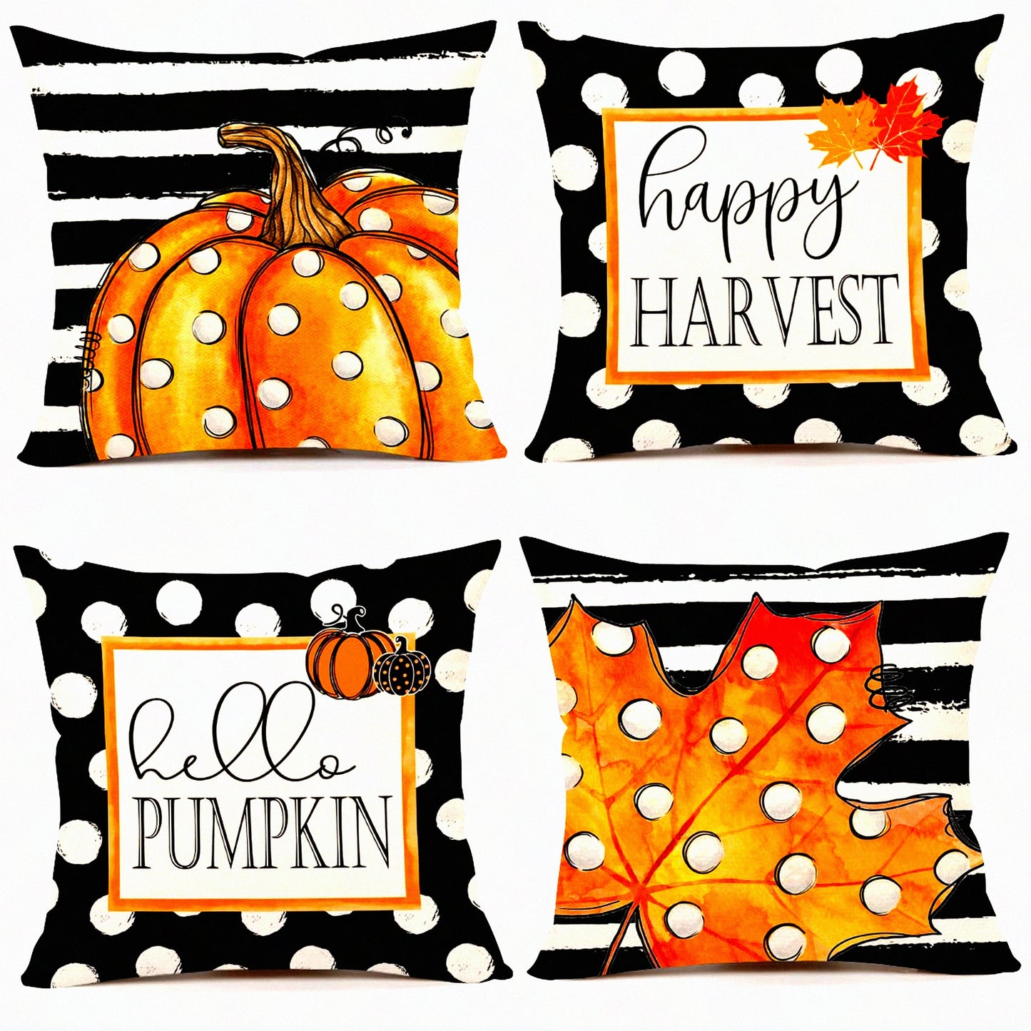 Polka Dot Pumpkin Harvest Pillow Covers - Set of 4 Farmhouse Fall Decorations - Happy Thanksgiving Throw Cushion Cases - 18x18 Home Decor Pillows