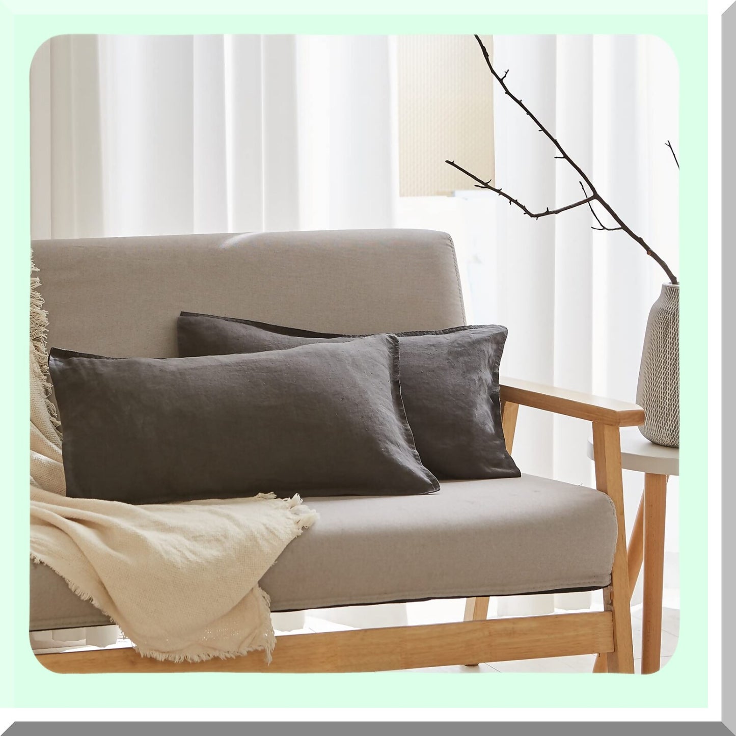 Breathable Linen Lumbar Pillow Cover Set - 12x20 Inches - Rectangular Decorative Throw Cushion for Couch Sofa Bed - Farmhouse Dark Grey - Living Room Office