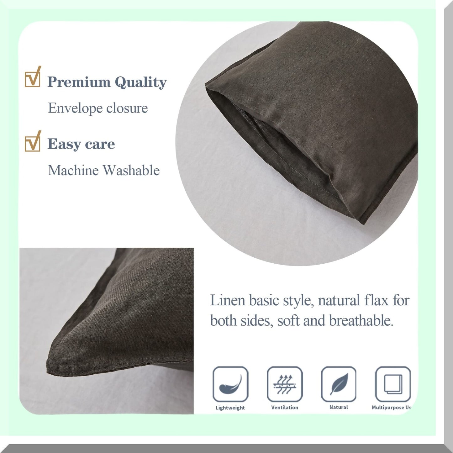 Breathable Linen Lumbar Pillow Cover Set - 12x20 Inches - Rectangular Decorative Throw Cushion for Couch Sofa Bed - Farmhouse Dark Grey - Living Room Office