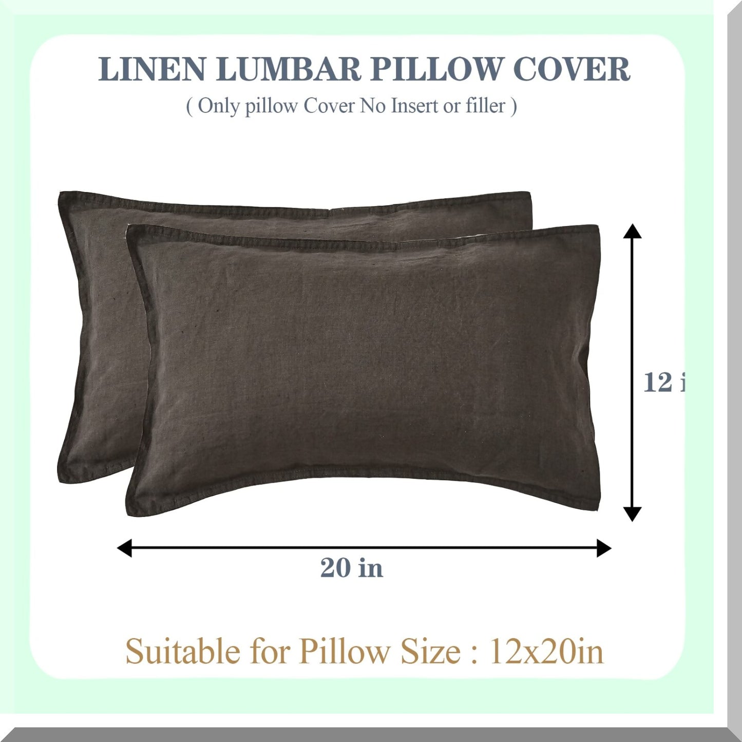 Breathable Linen Lumbar Pillow Cover Set - 12x20 Inches - Rectangular Decorative Throw Cushion for Couch Sofa Bed - Farmhouse Dark Grey - Living Room Office