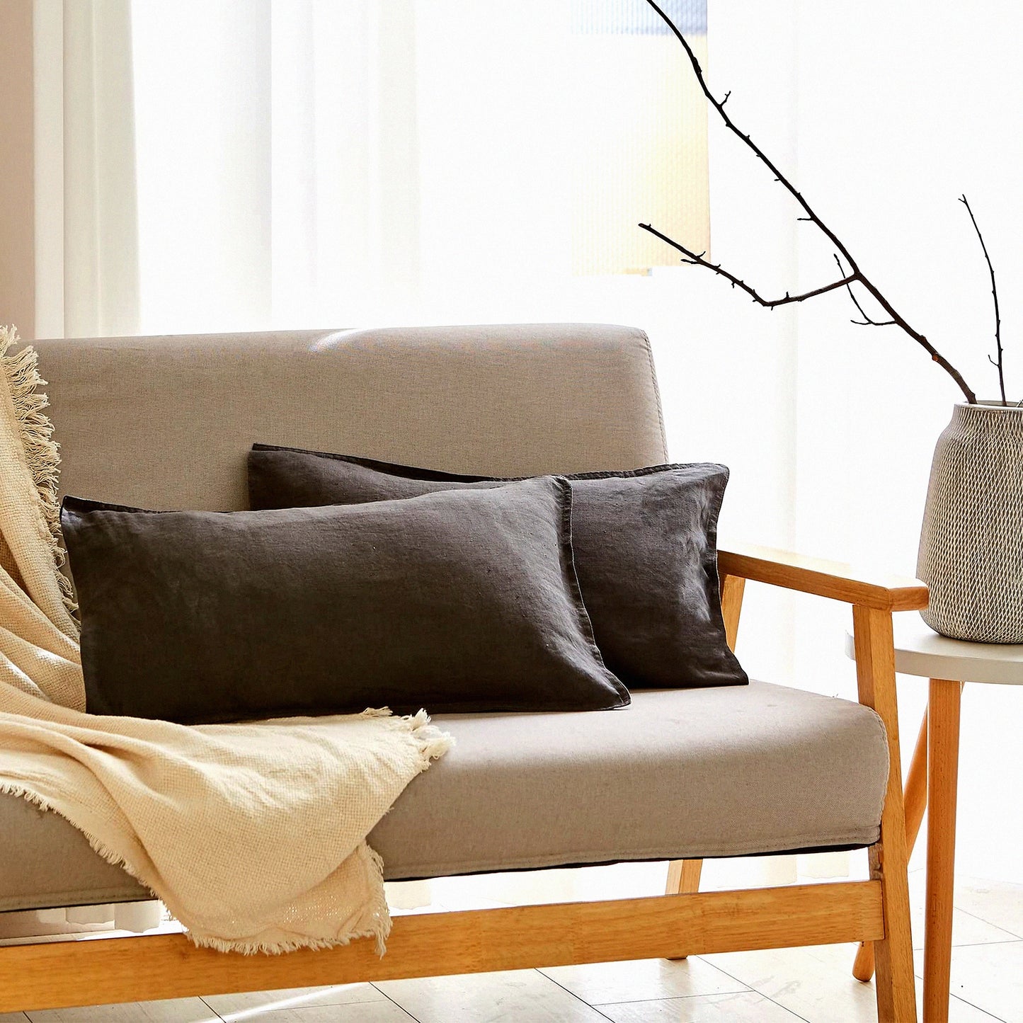 Breathable Linen Lumbar Pillow Cover Set - 12x20 Inches - Rectangular Decorative Throw Cushion for Couch Sofa Bed - Farmhouse Dark Grey - Living Room Office