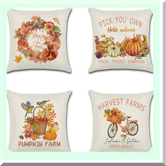 Autumn Harvest Pillow Set - 4Pack 18x18 Fall Decor Cushion Covers for Thanksgiving Home Sofa, Throw Pillow Case in Decorative Style3