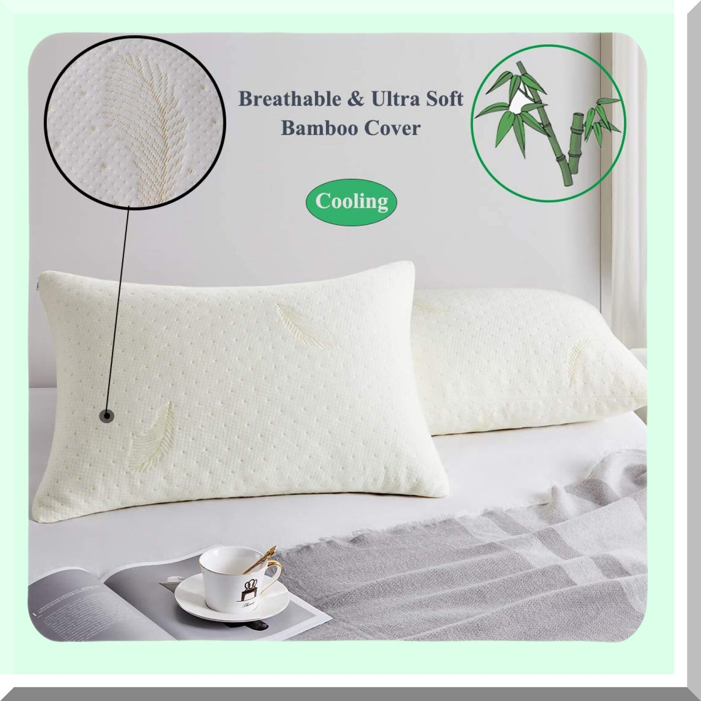 CoolBreeze Memory Foam Pillow - Standard Size, Breathable Cooling Shredded Memory Foam Bed Pillow with Zipper Removable and Washable Bamboo Cover