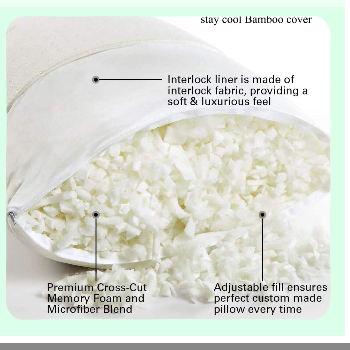 CoolBreeze Memory Foam Pillow - Standard Size, Breathable Cooling Shredded Memory Foam Bed Pillow with Zipper Removable and Washable Bamboo Cover