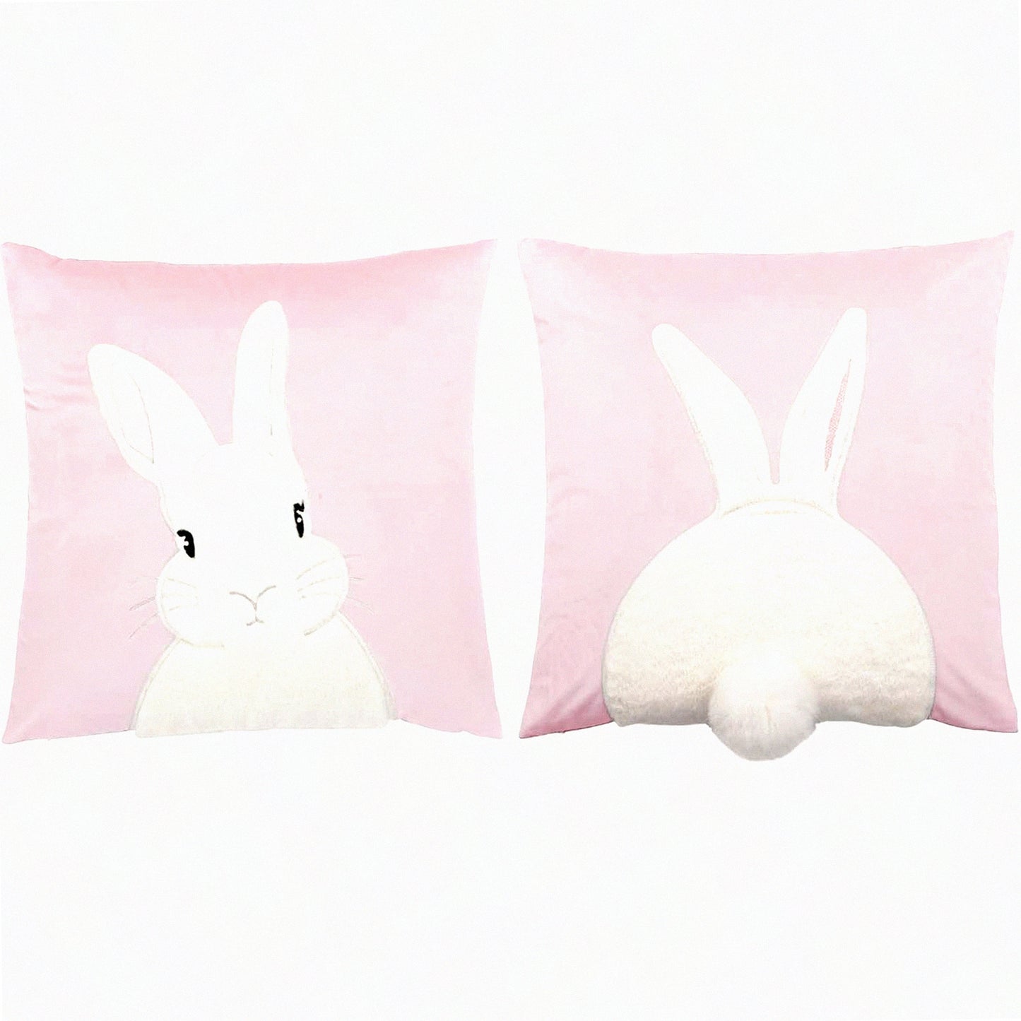 Spring Bunny 3D Velvet Pillow Covers - Set of 2, Embroidered Rabbit Cushion Cases, Decorative Throw Cover 18x18 Inch Pink - Pack of 2