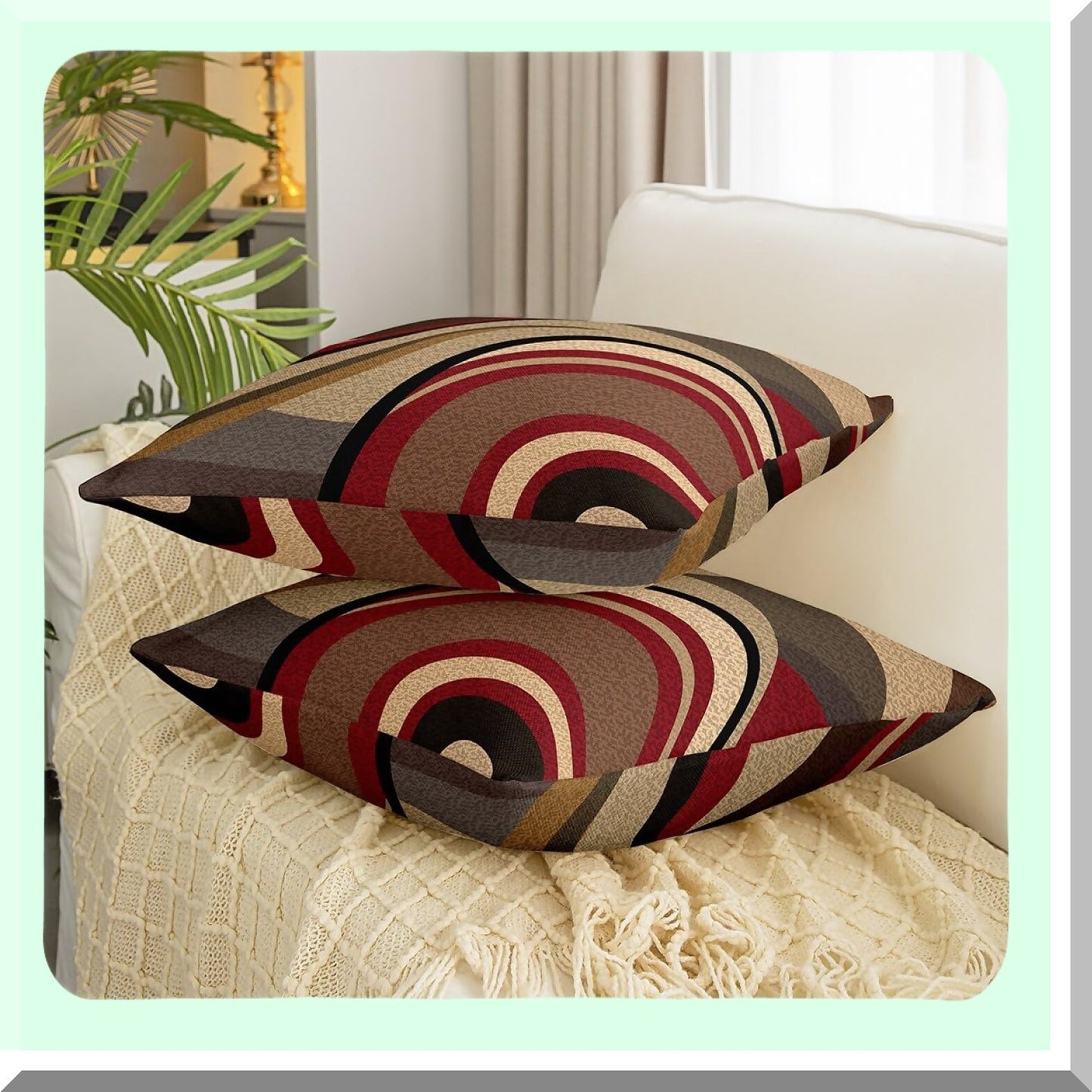 Geometric Stripe Outdoor Pillow Cover Set - Burgundy Red & Brown Grey Decor Cushion Case for Couch Sofa, Modern Art Pillowcases, 20x20 Inches