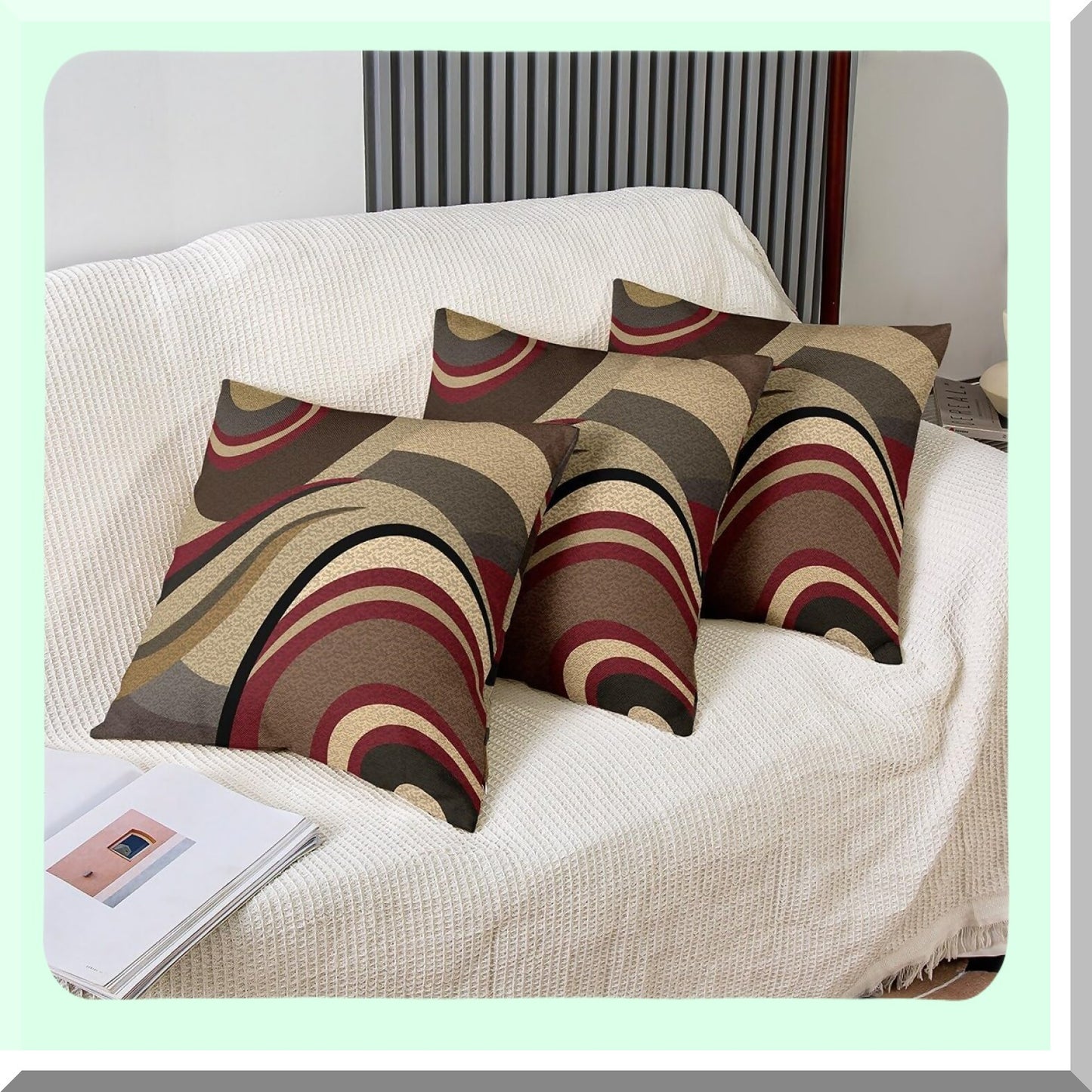 Geometric Stripe Outdoor Pillow Cover Set - Burgundy Red & Brown Grey Decor Cushion Case for Couch Sofa, Modern Art Pillowcases, 20x20 Inches