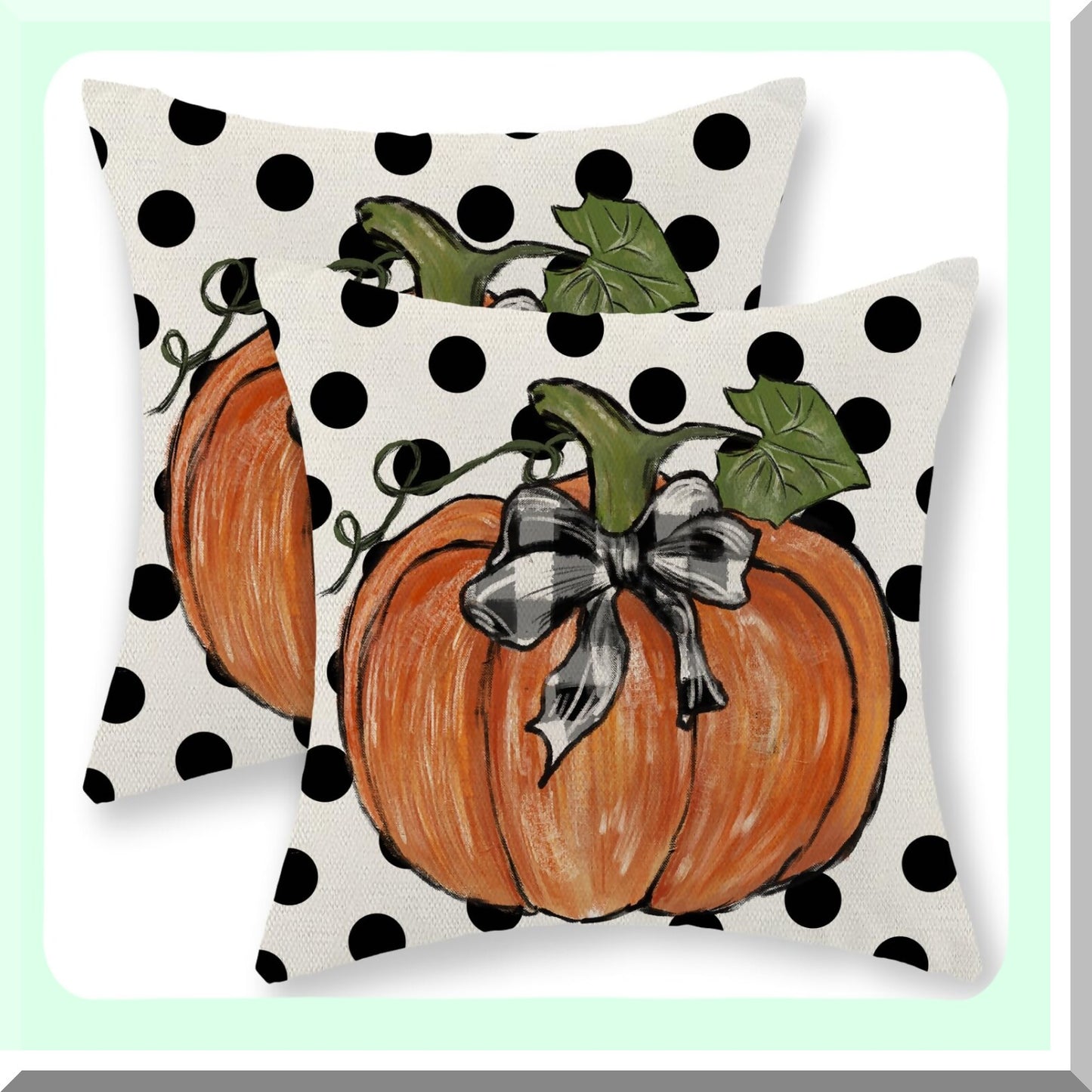 Autumn Harvest Pillow Covers - Set of 2 Pumpkin Maple Leaves & Polka Dot Decorative Throw Pillowcases - Farmhouse Cushion Case for Couch & Home Décor
