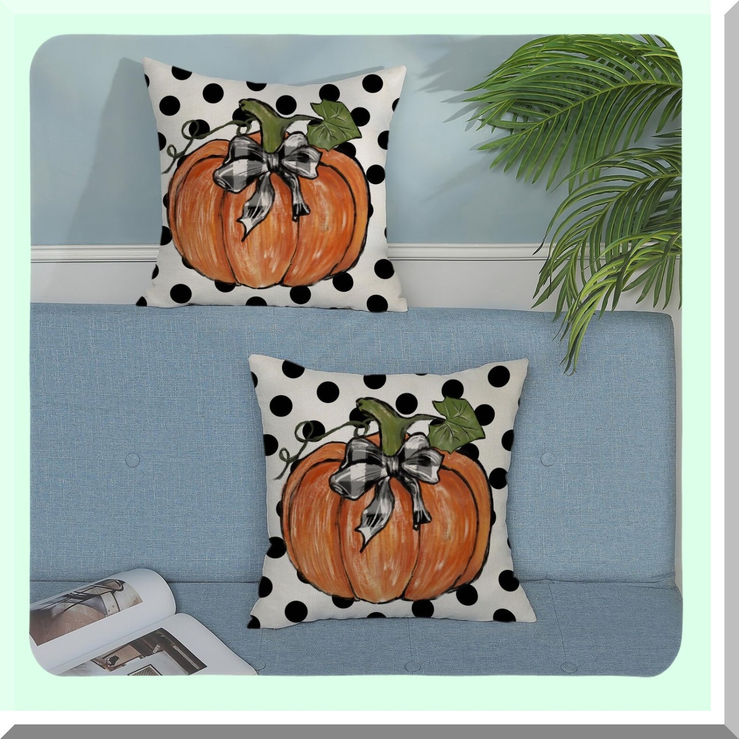 Autumn Harvest Pillow Covers - Set of 2 Pumpkin Maple Leaves & Polka Dot Decorative Throw Pillowcases - Farmhouse Cushion Case for Couch & Home Décor