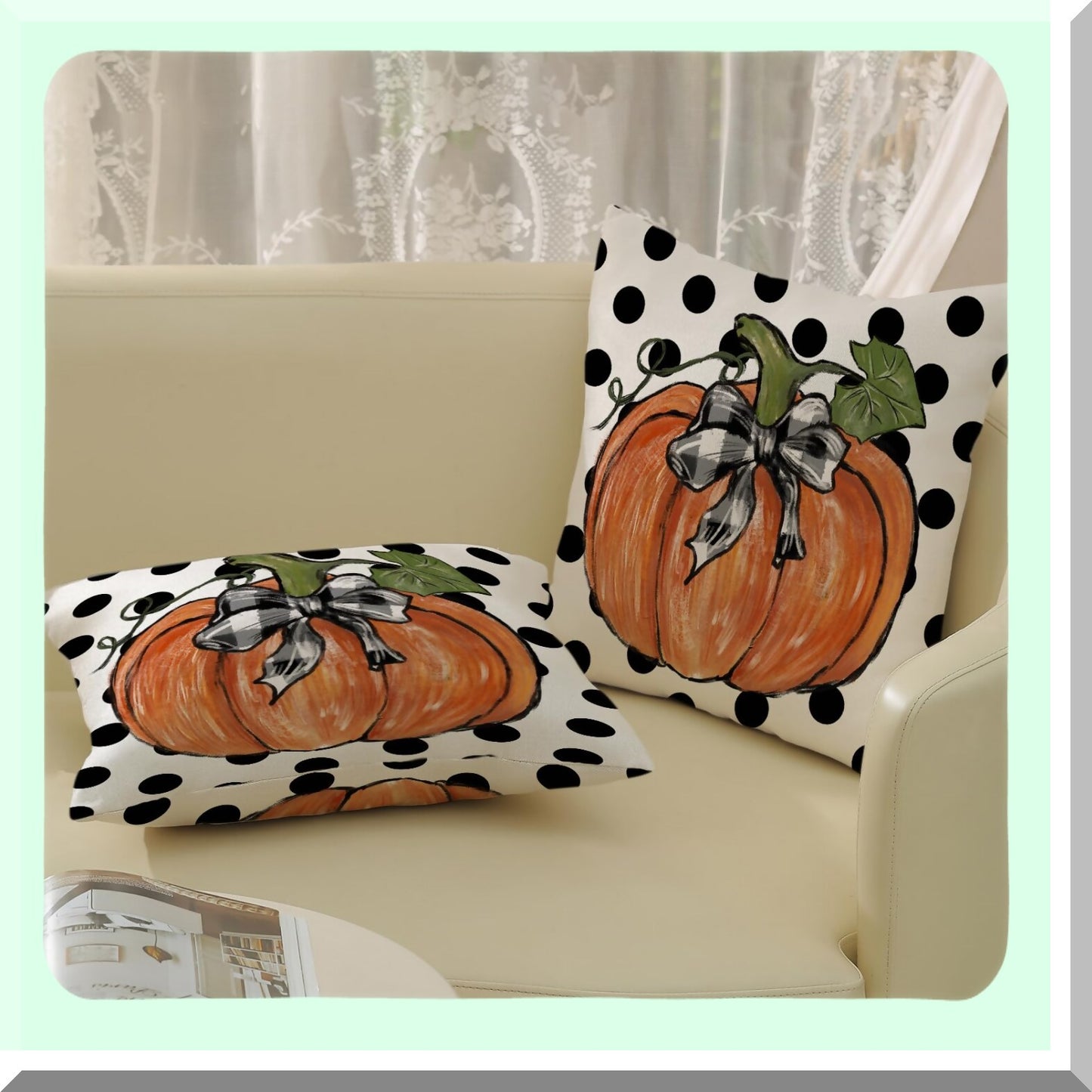 Autumn Harvest Pillow Covers - Set of 2 Pumpkin Maple Leaves & Polka Dot Decorative Throw Pillowcases - Farmhouse Cushion Case for Couch & Home Décor