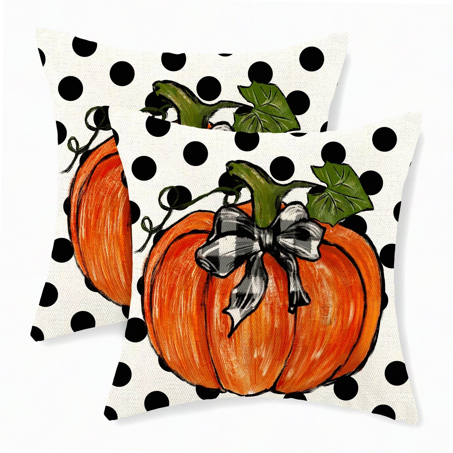 Autumn Harvest Pillow Covers - Set of 2 Pumpkin Maple Leaves & Polka Dot Decorative Throw Pillowcases - Farmhouse Cushion Case for Couch & Home Décor