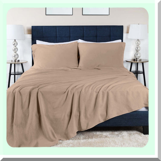 Modern Linen Cotton Blend Sheet Set - Queen Size Tan Bedding Kit with Oversized Fitted Sheet, Flat Sheet, and Pillowcases - Bedroom Decor Essentials