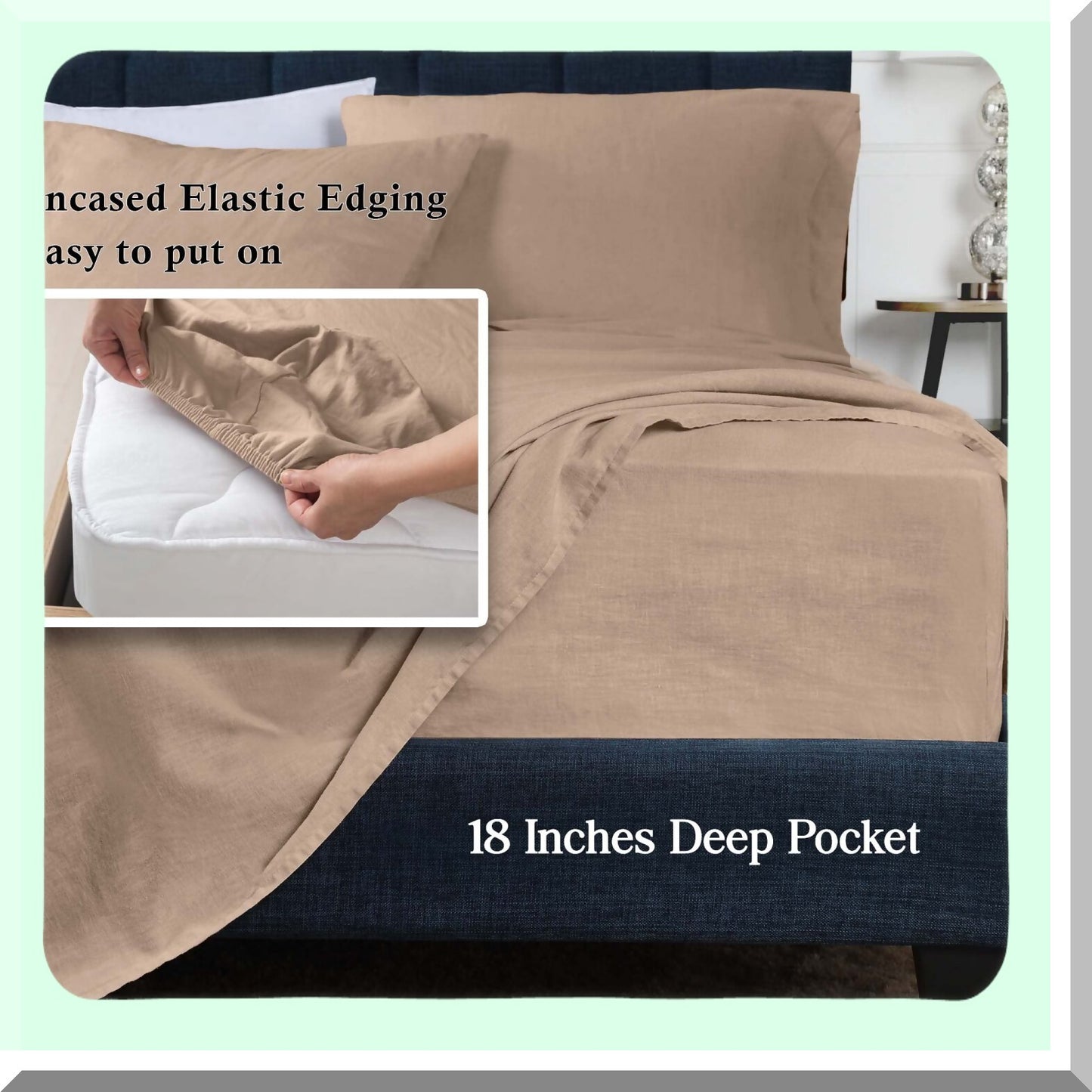 Modern Linen Cotton Blend Sheet Set - Queen Size Tan Bedding Kit with Oversized Fitted Sheet, Flat Sheet, and Pillowcases - Bedroom Decor Essentials