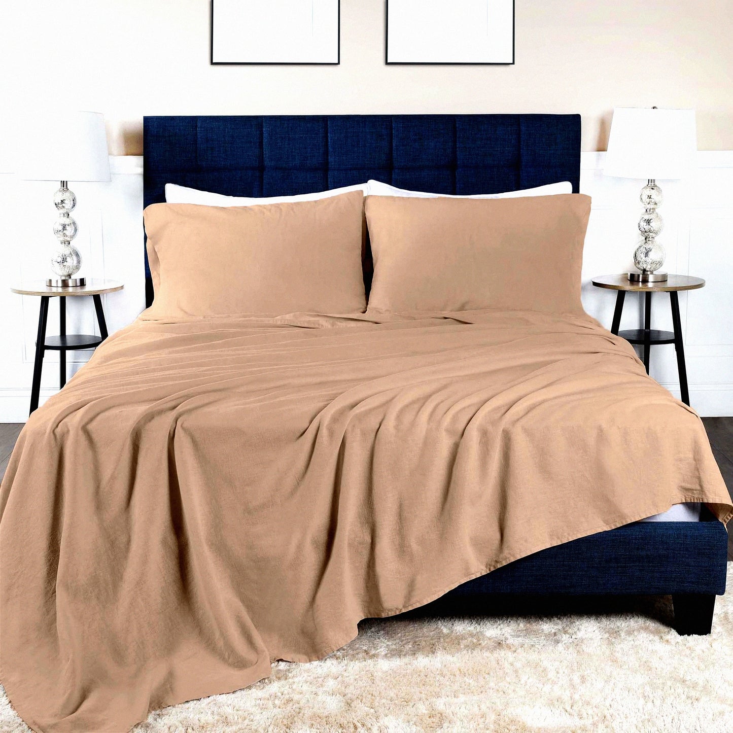 Modern Linen Cotton Blend Sheet Set - Queen Size Tan Bedding Kit with Oversized Fitted Sheet, Flat Sheet, and Pillowcases - Bedroom Decor Essentials